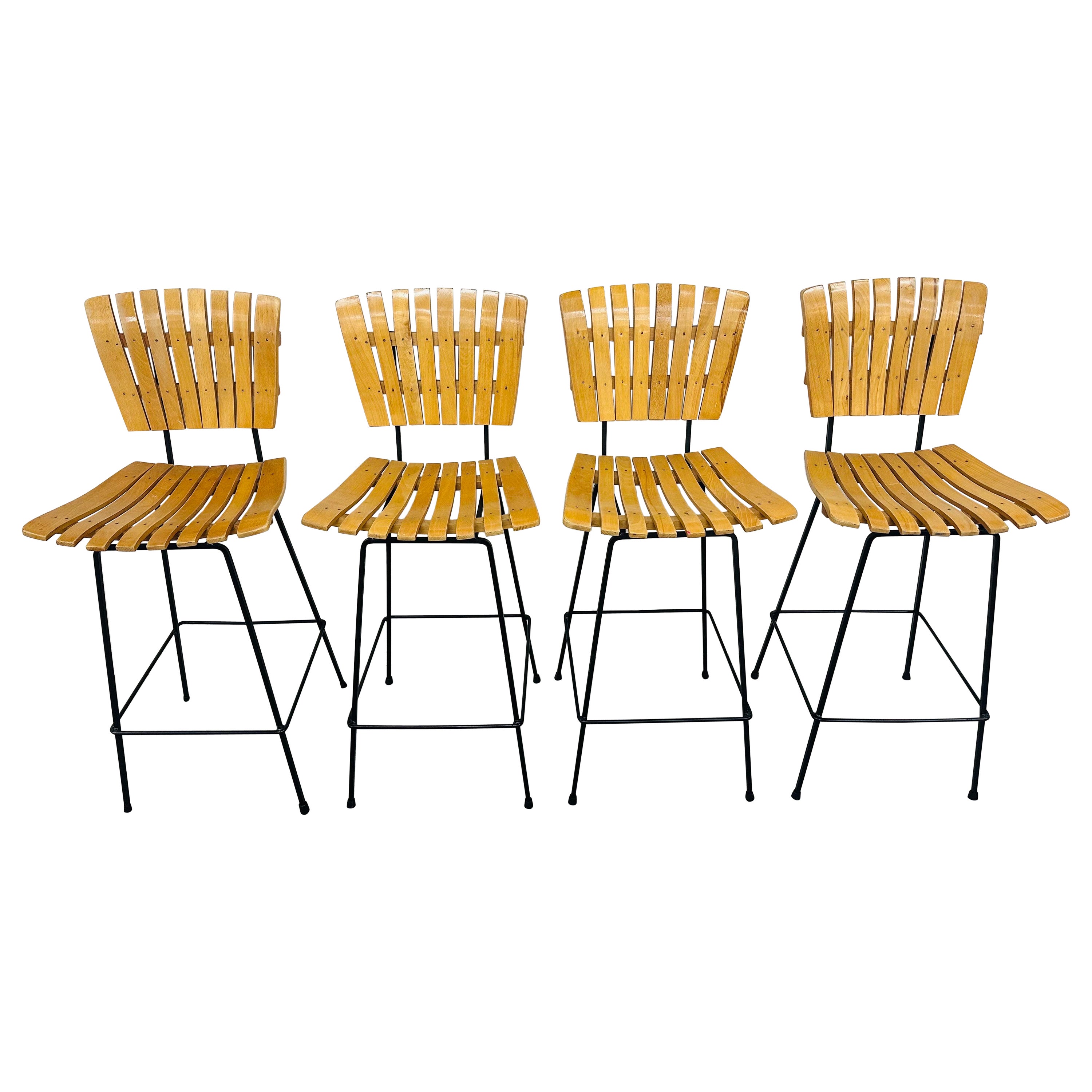 Mid-Century Modern Umanoff Style Slatted Bar Stools - Set of 4