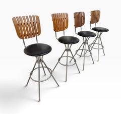 Mid-Century Modern Umanoff Style Slatted Swivel Bar Stools - Set of 4
