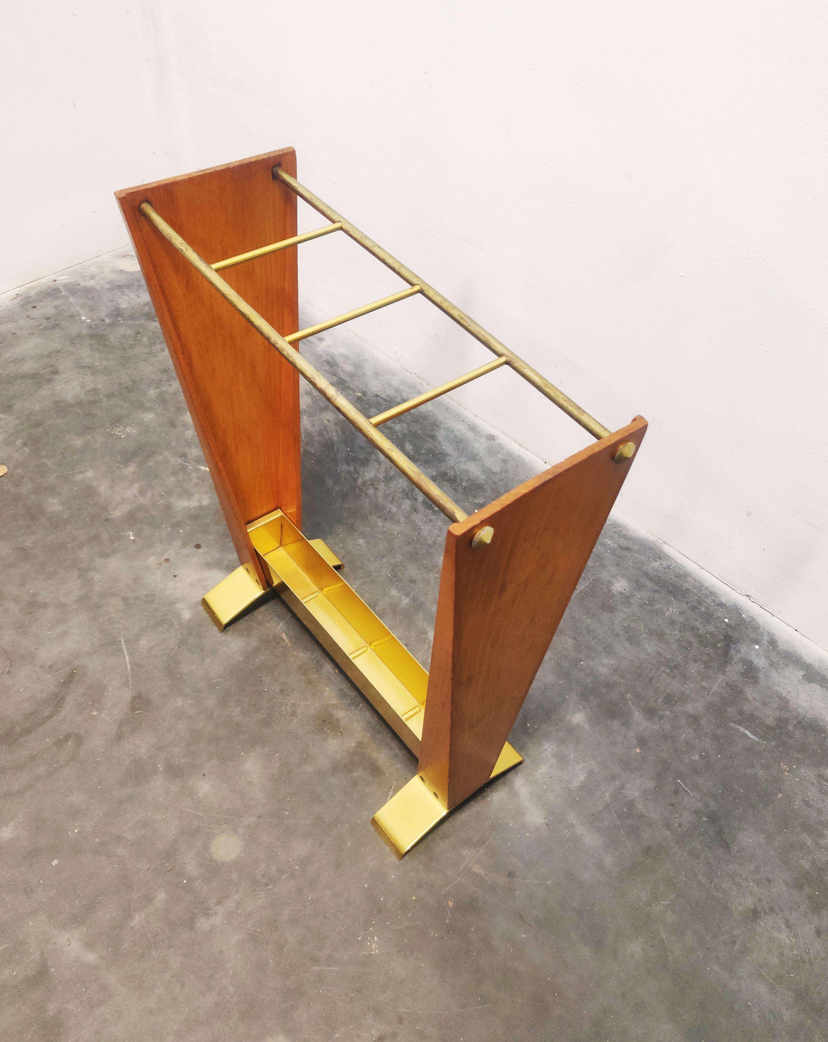 Mid Century Modern umbrella stand, 1960s. wood and gold aluminum stand. rare model with a special appearance.