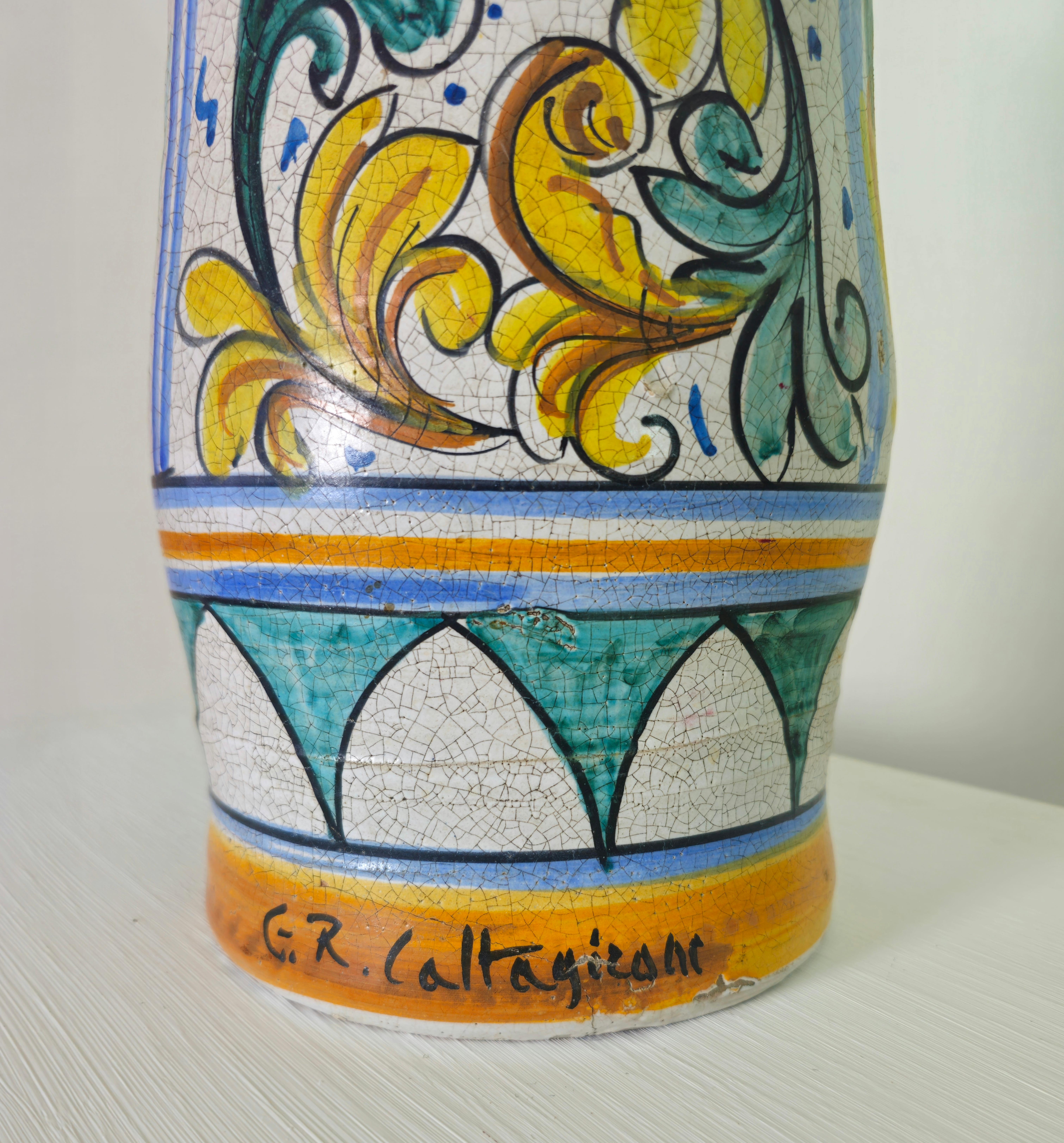 Mid-Century Modern Umbrella stand Ceramic Vase Masters Caltagirone Italy 1950s In Fair Condition For Sale In Palermo, IT