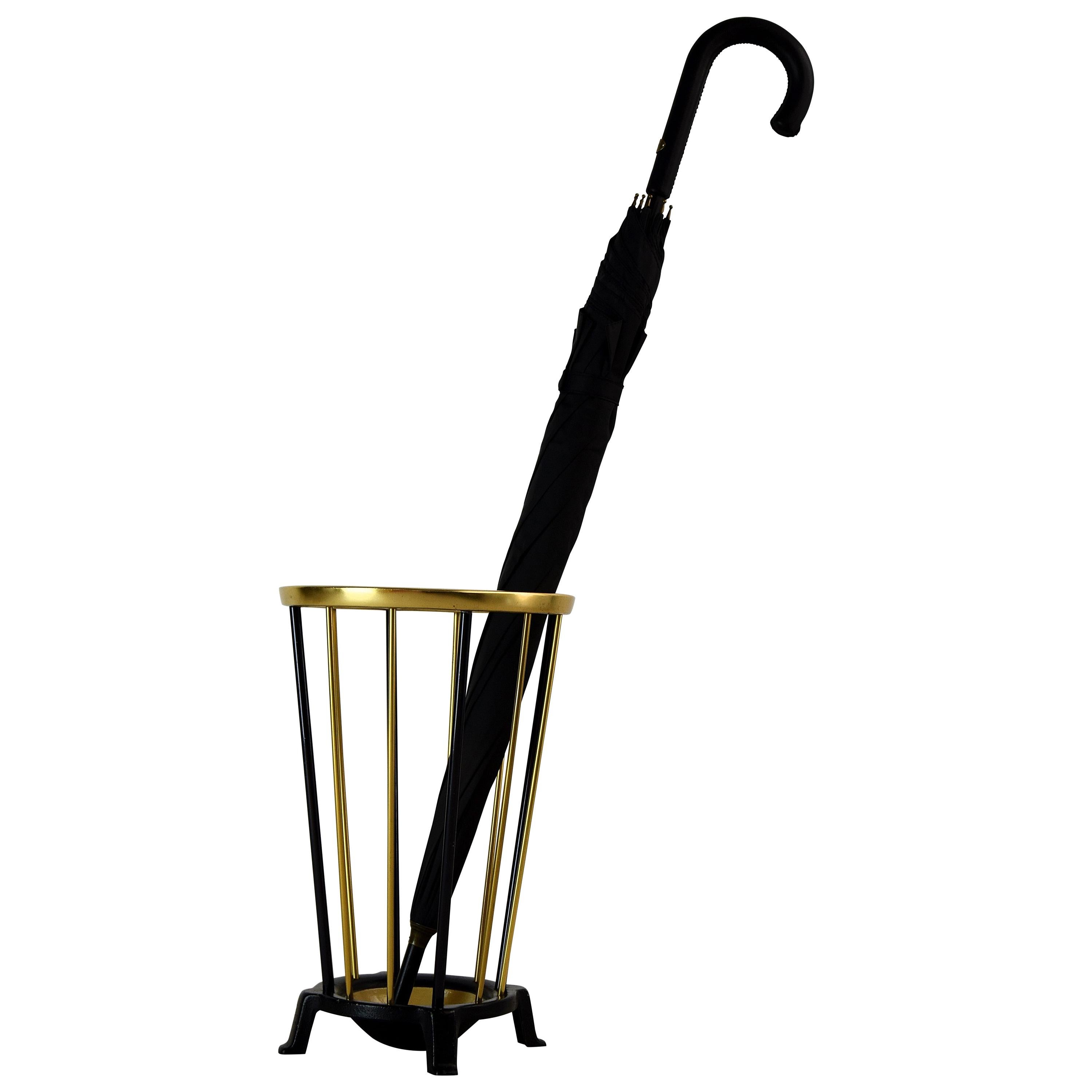 MidCentury Modern Umbrella Stand in Red Rubber with Brass Metalwork