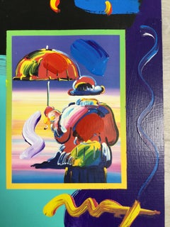 Mid-Century Modern Unframed Umbrella Man Peter Max Signed Mixed-Media Lithograph