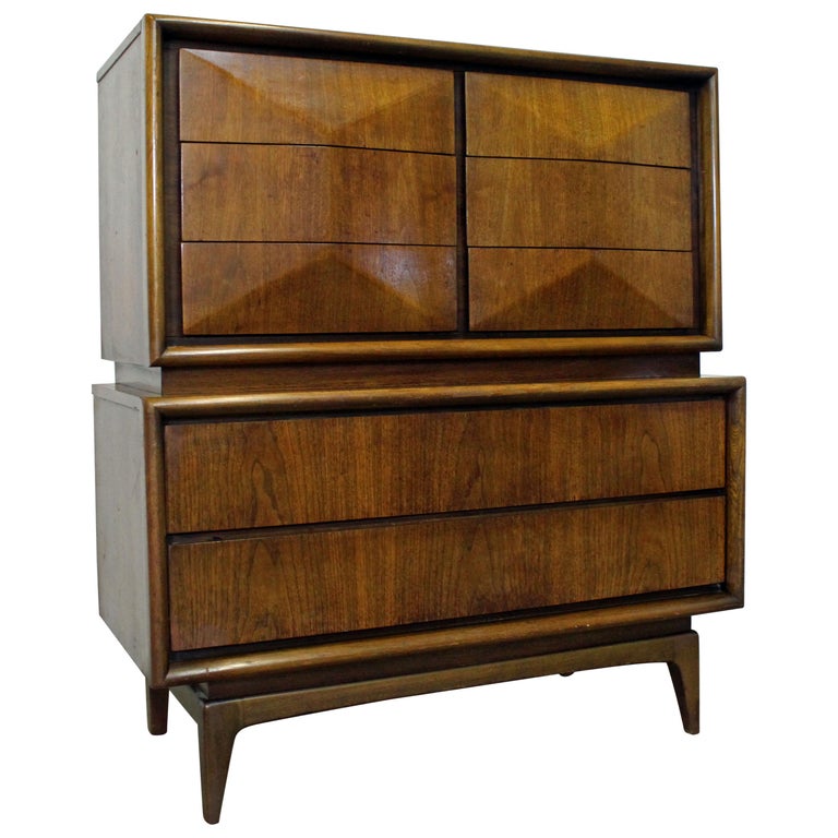 MidCentury Modern United Diamond Front Large Walnut Tall Chest Dresser