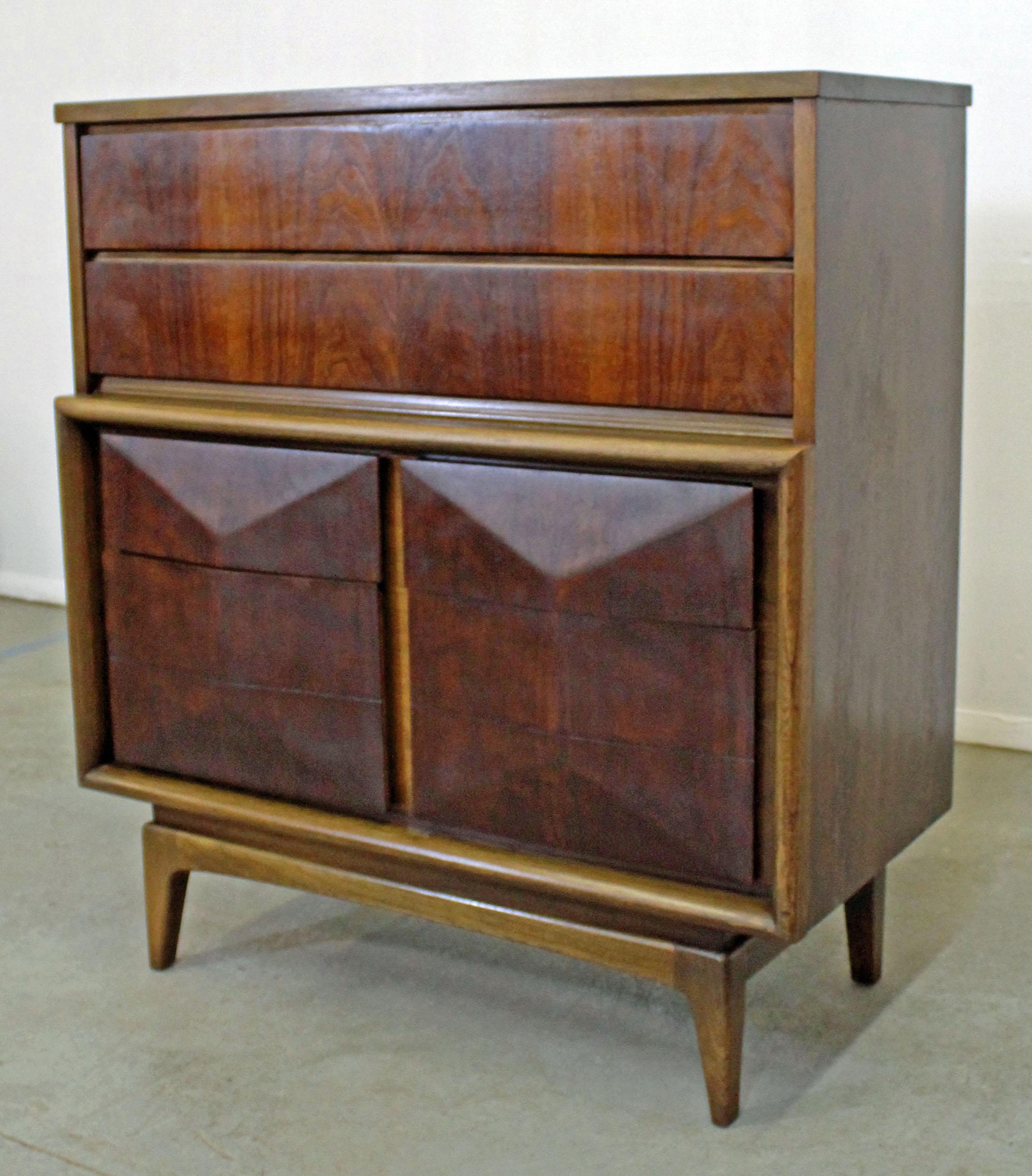 American Mid-Century Modern United Diamond Front Walnut Tall Chest Dresser