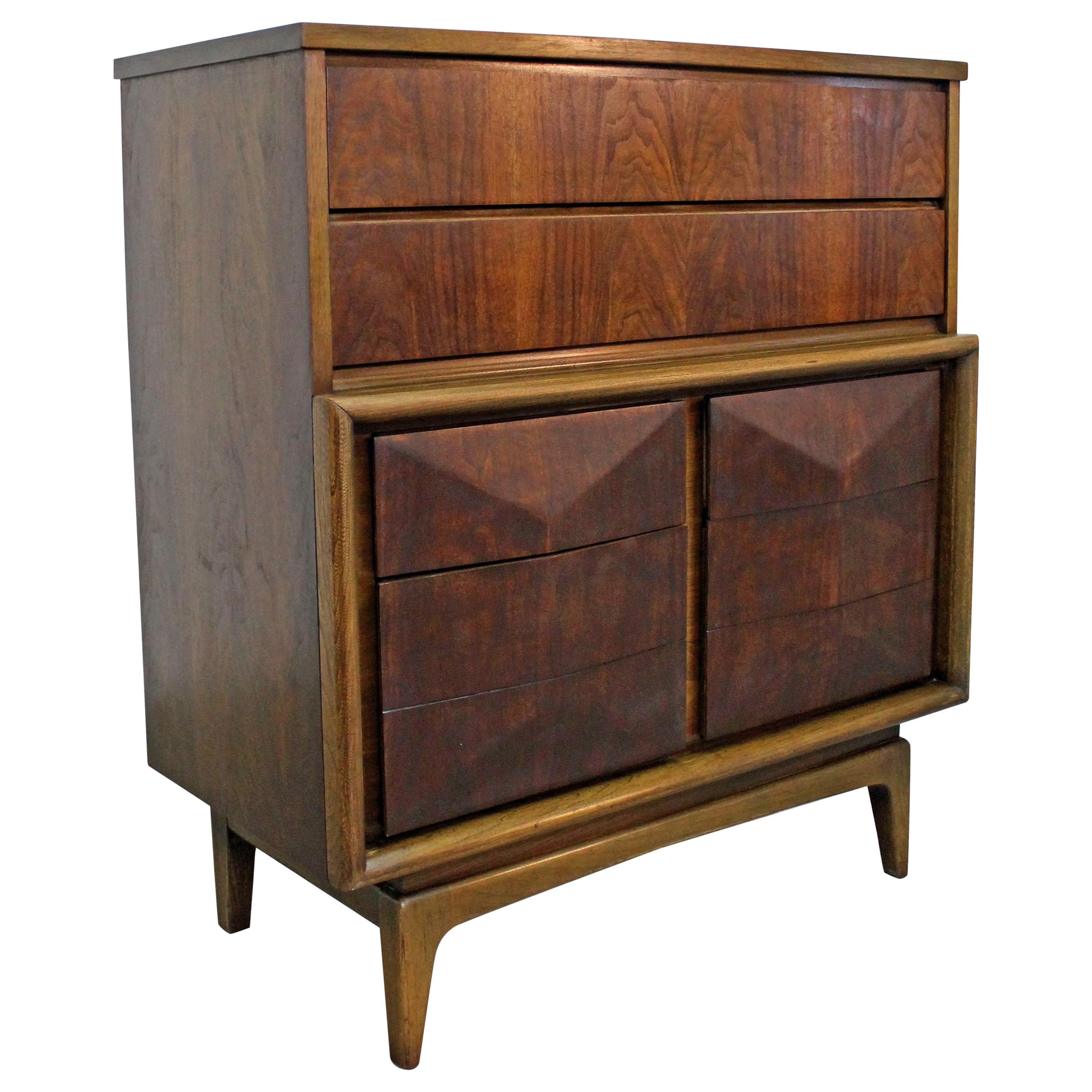 Mid-Century Modern United Diamond Front Walnut Tall Chest Dresser