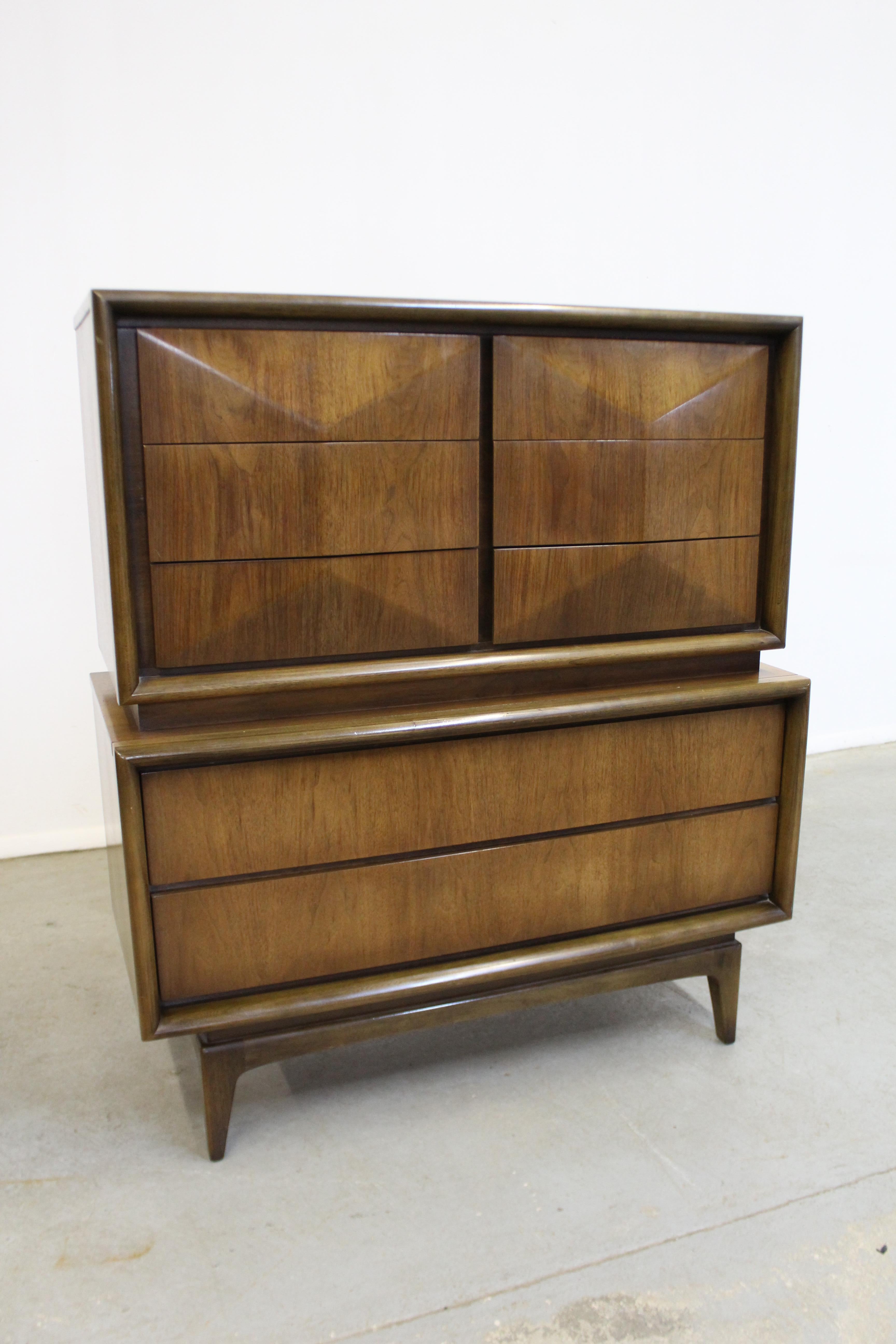 American Mid-Century Modern United Diamond Front Walnut Tall Chest of Drawers