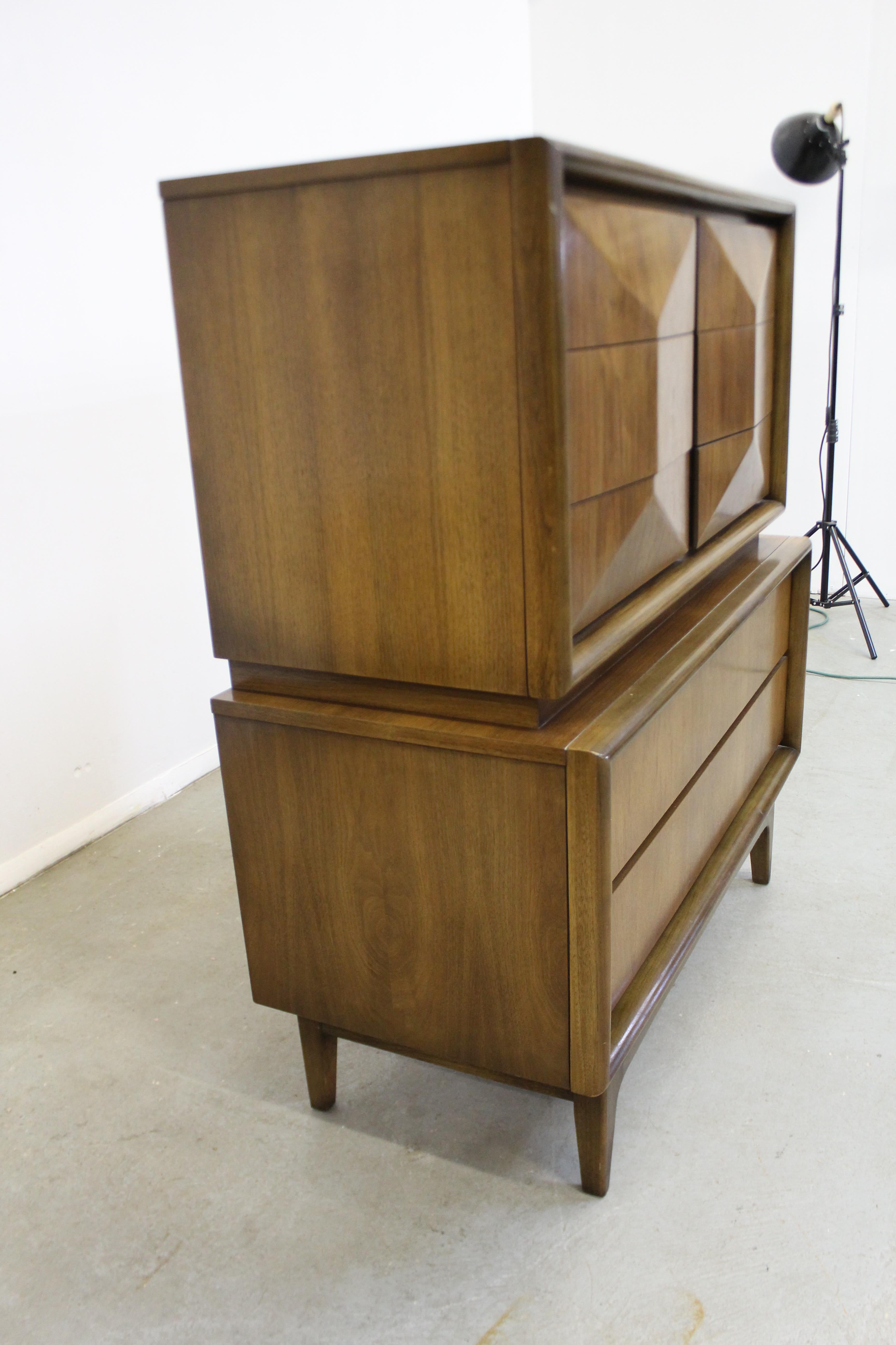 20th Century Mid-Century Modern United Diamond Front Walnut Tall Chest of Drawers
