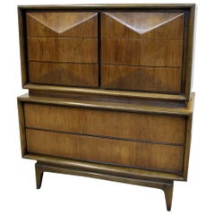 Mid-Century Modern United Diamond Front Walnut Tall Chest of Drawers