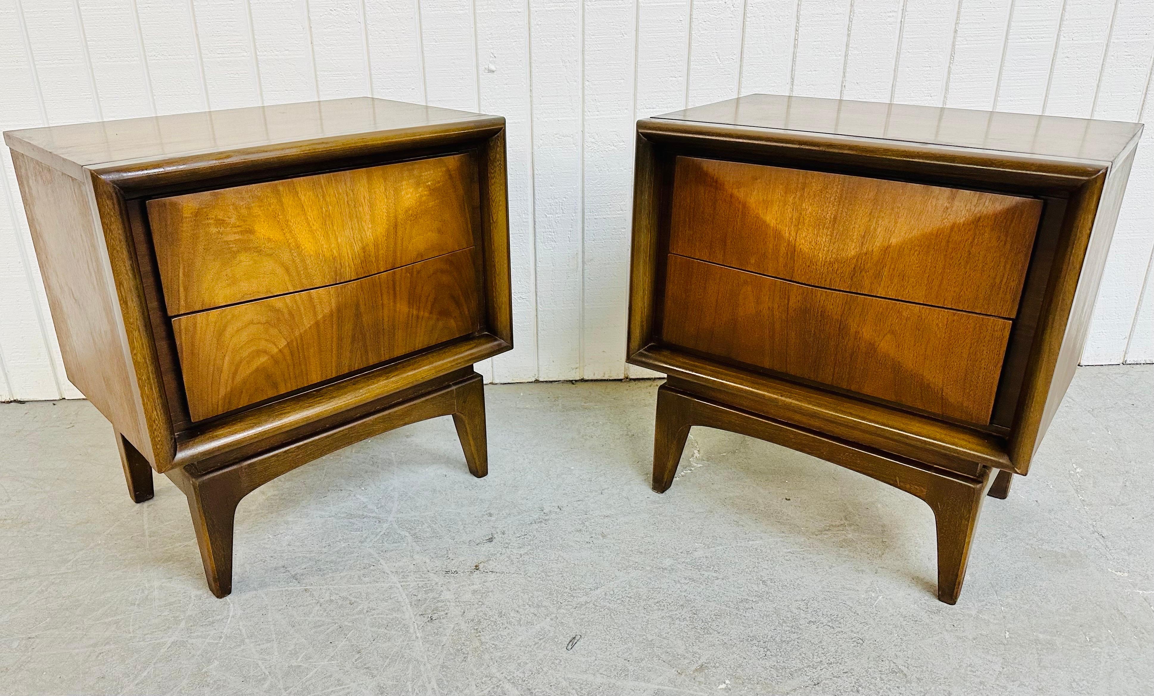This listing is for a pair of Mid-Century Modern United Diamond Walnut Nightstands. Featuring a straight line body with a geometrical drawer design, two drawers for storage, modern legs, and a beautiful walnut finish. This is an exceptional