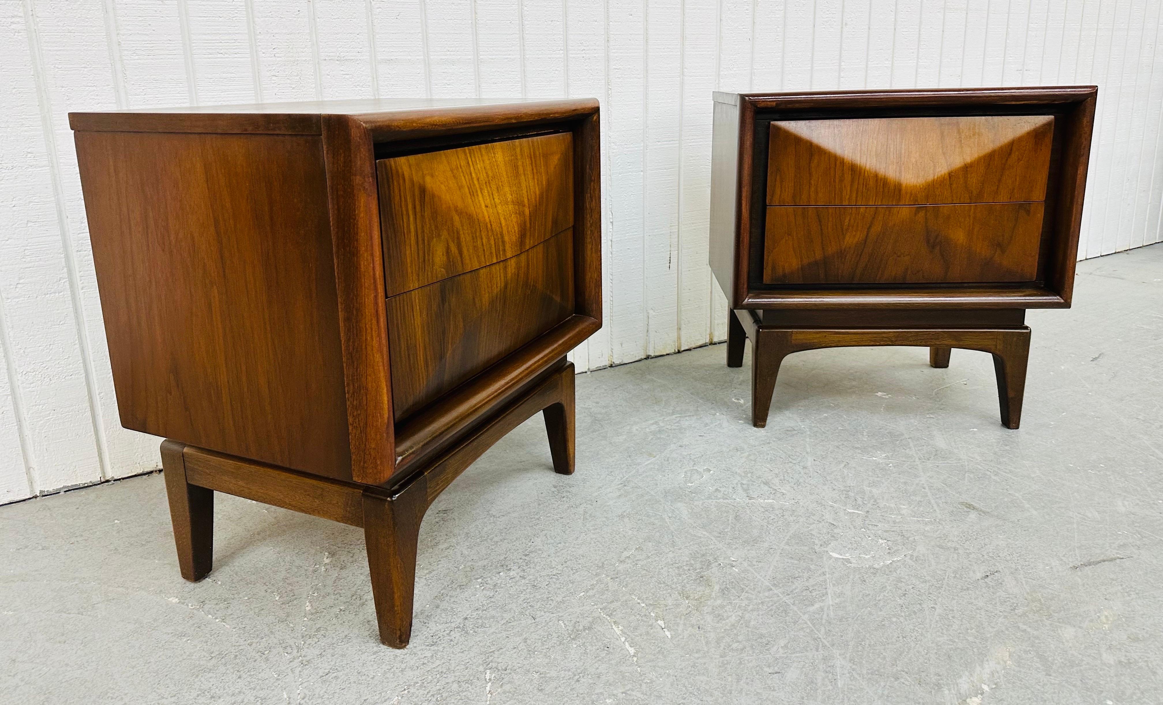 This listing is for a pair of Mid-Century Modern United Diamond Walnut Nightstands. Featuring a straight line design, two drawer geometrical diamond front, modern legs, and a beautiful walnut finish. This is an exceptional combination of quality and