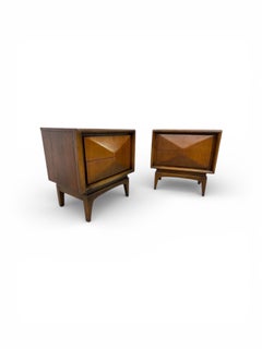 Mid-Century Modern United Diamond Walnut Nightstands - Set of 2