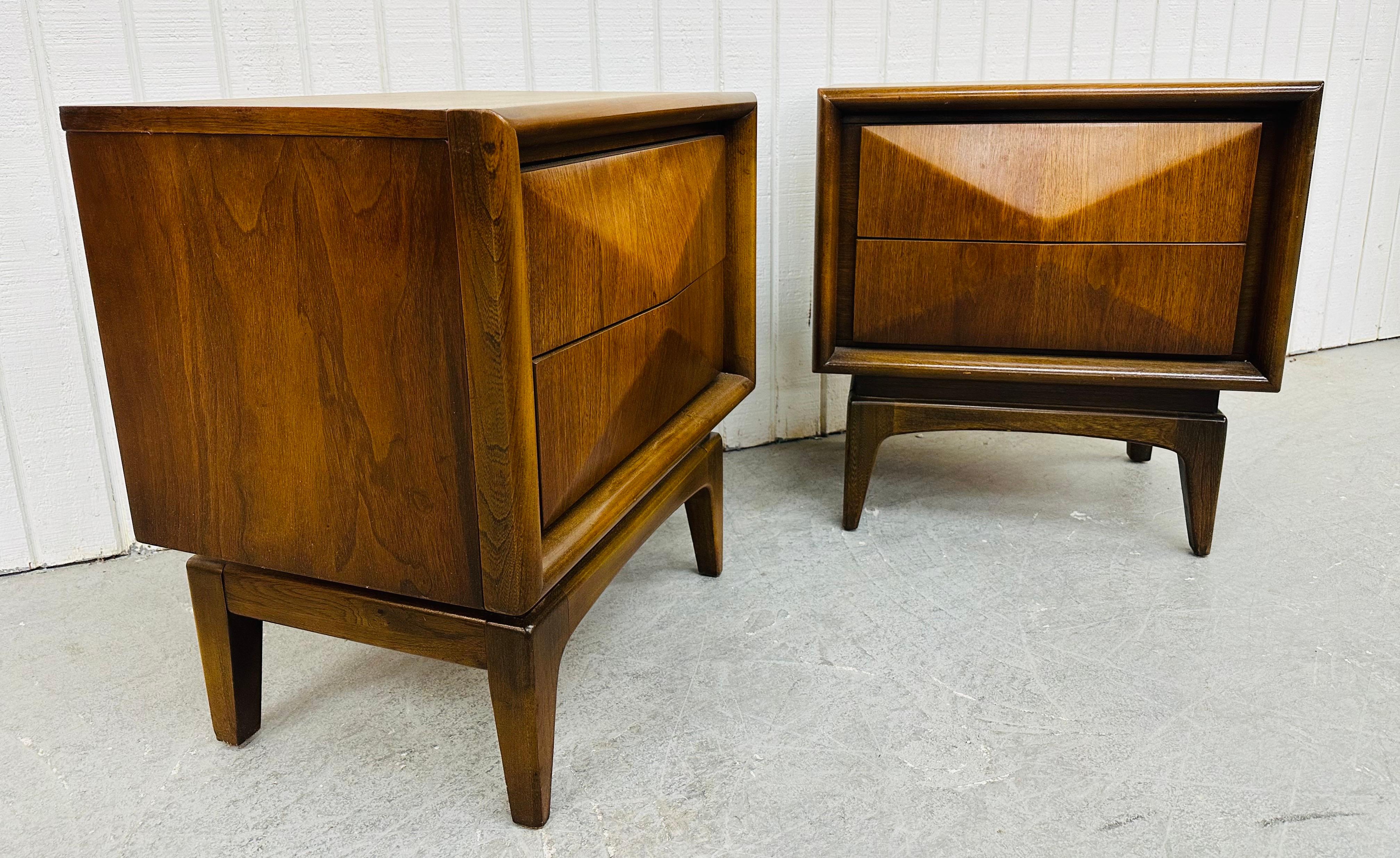 American Mid-Century Modern United Diamond Walnut Nightstands - Set of 2