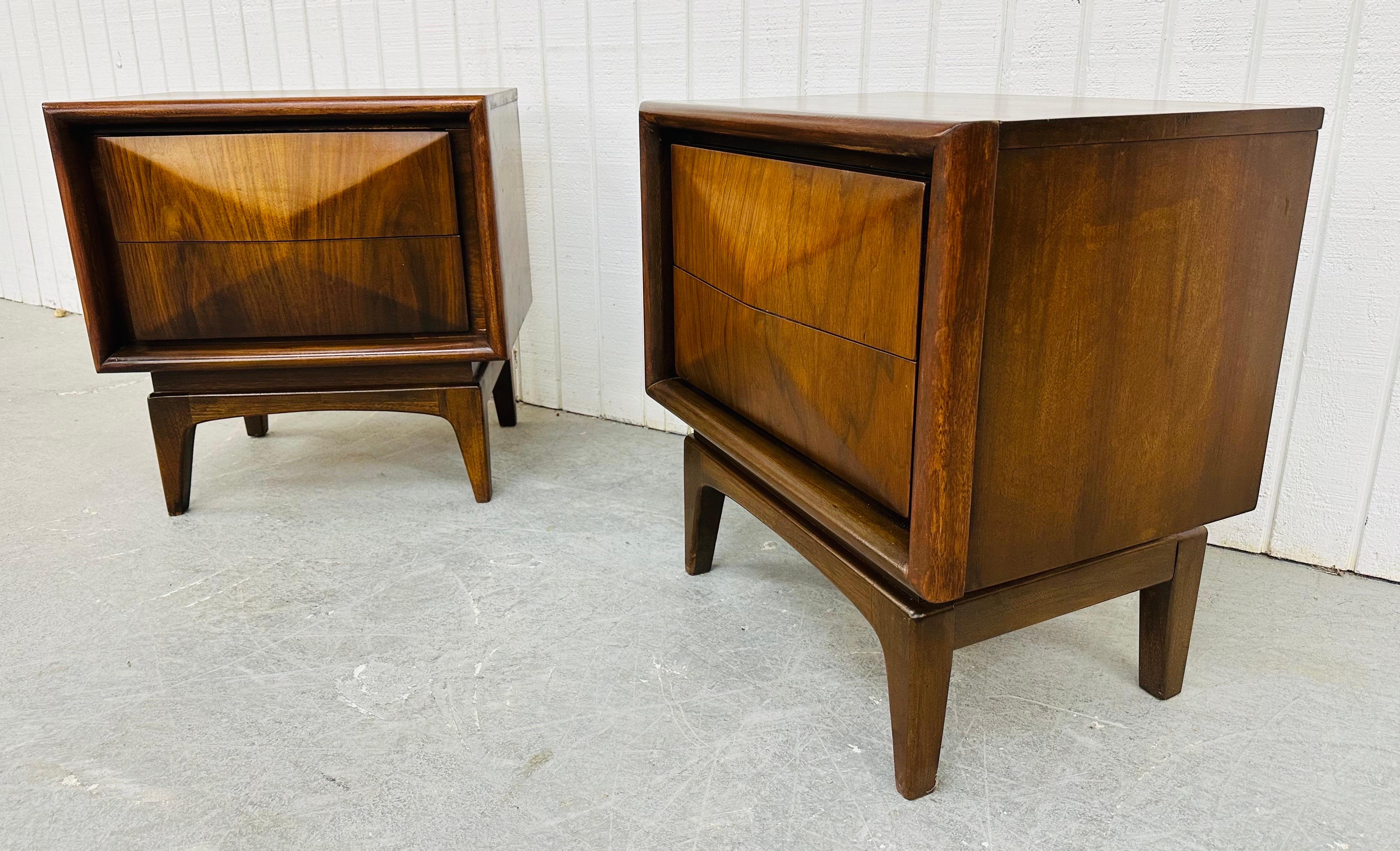 American Mid-Century Modern United Diamond Walnut Nightstands - Set of 2