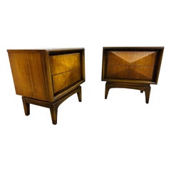 Mid-Century Modern United Diamond Walnut Nightstands - Set of 2