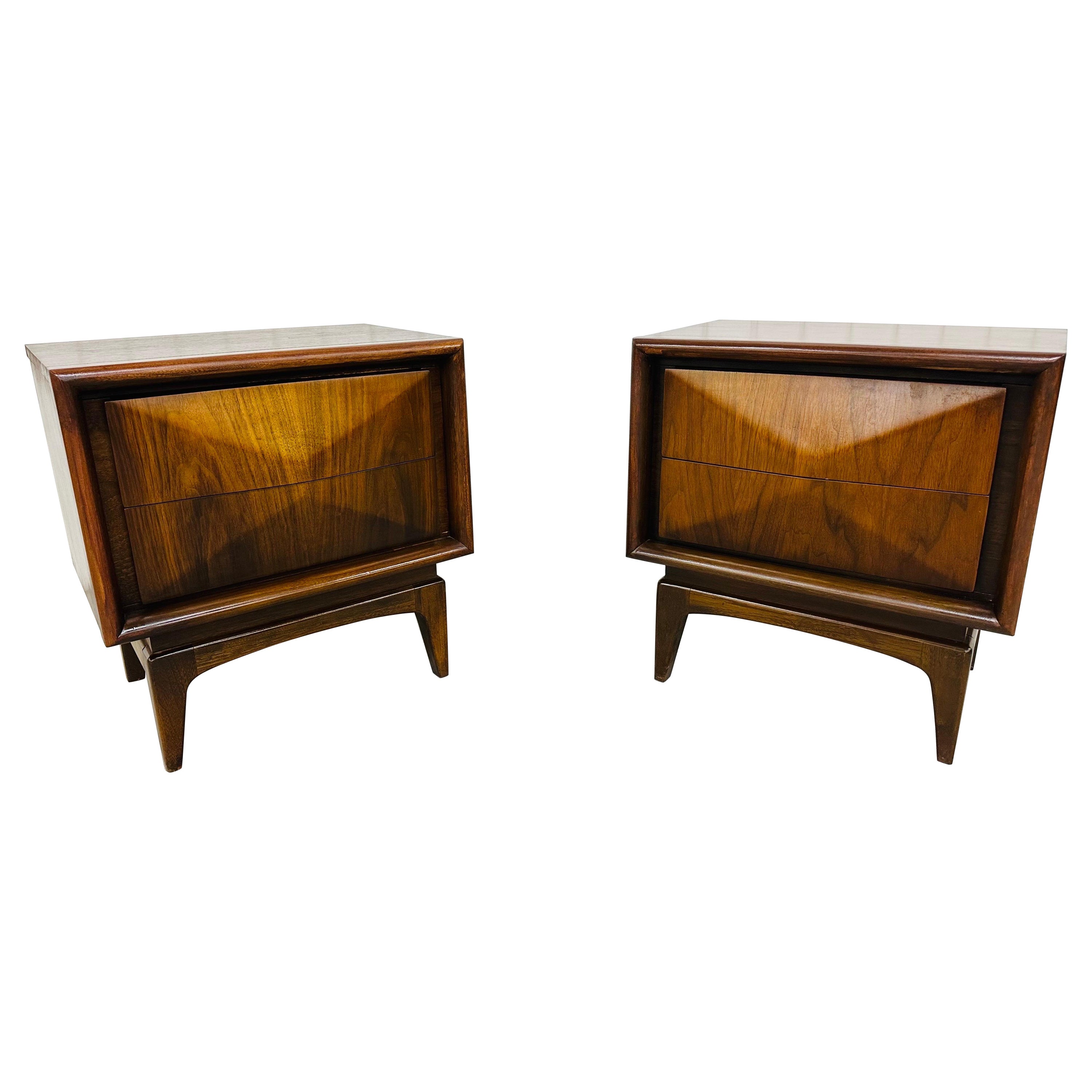 Mid-Century Modern United Diamond Walnut Nightstands - Set of 2