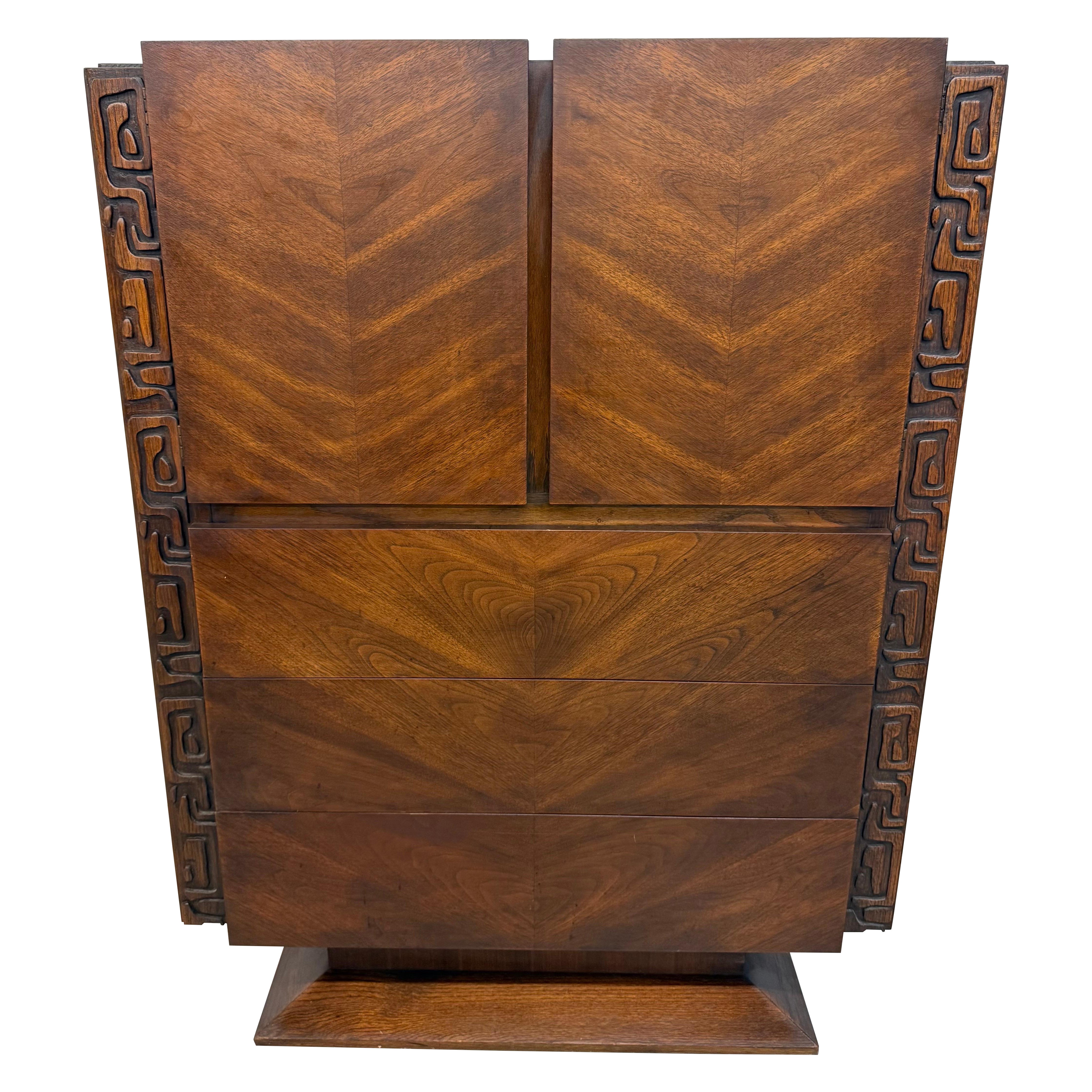 Mid-Century Modern United Tiki Walnut High Chest For Sale