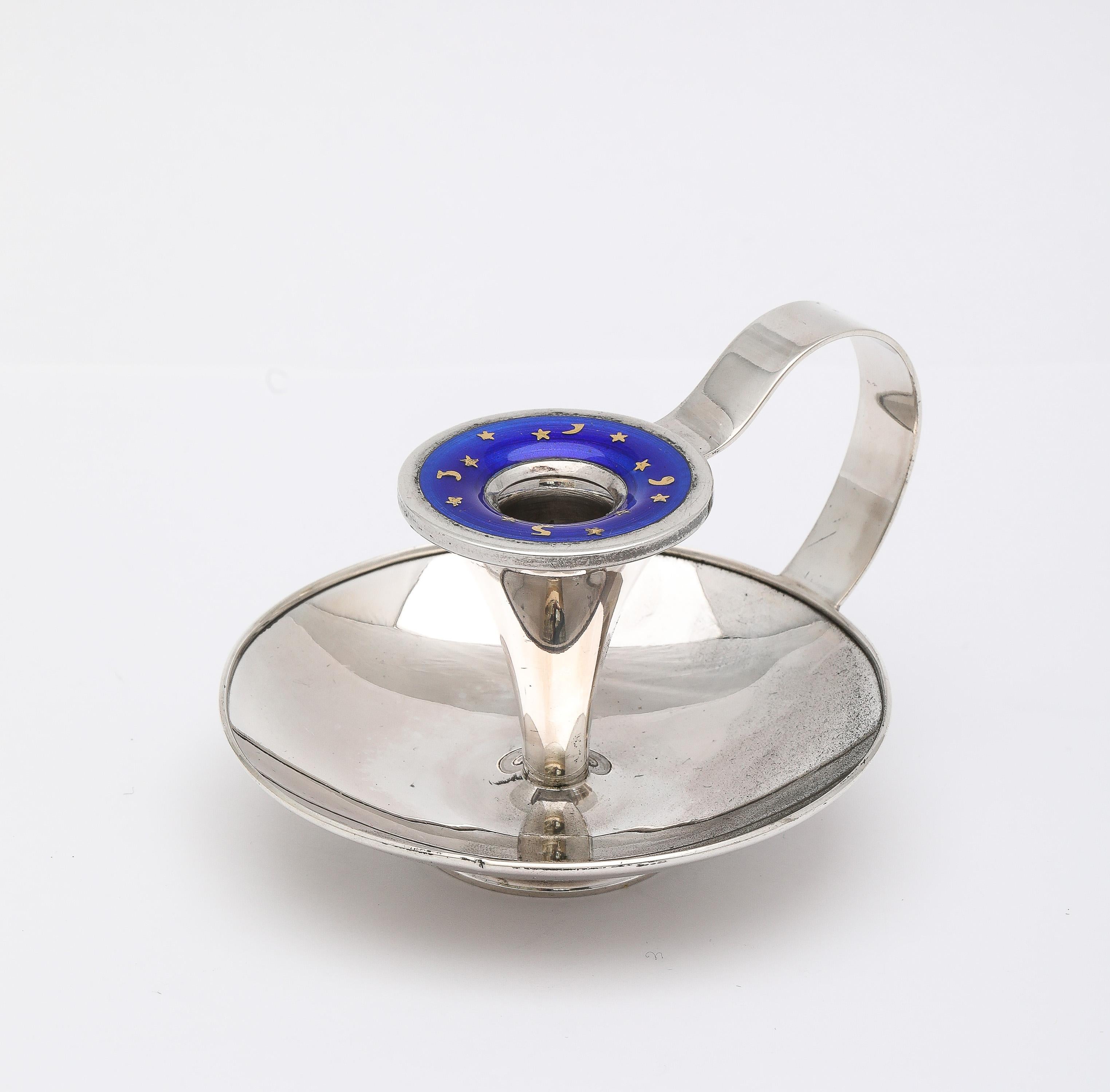 Lovely, unusual, sterling silver and cobalt blue and gold enamel chamberstick, Copenhagen, Denmark, Ca. 1940's, A. Dragsted - maker. The cobalt blue and gold enamel rim of the candle cup is removable (see photos). Graceful design. The chamberstick