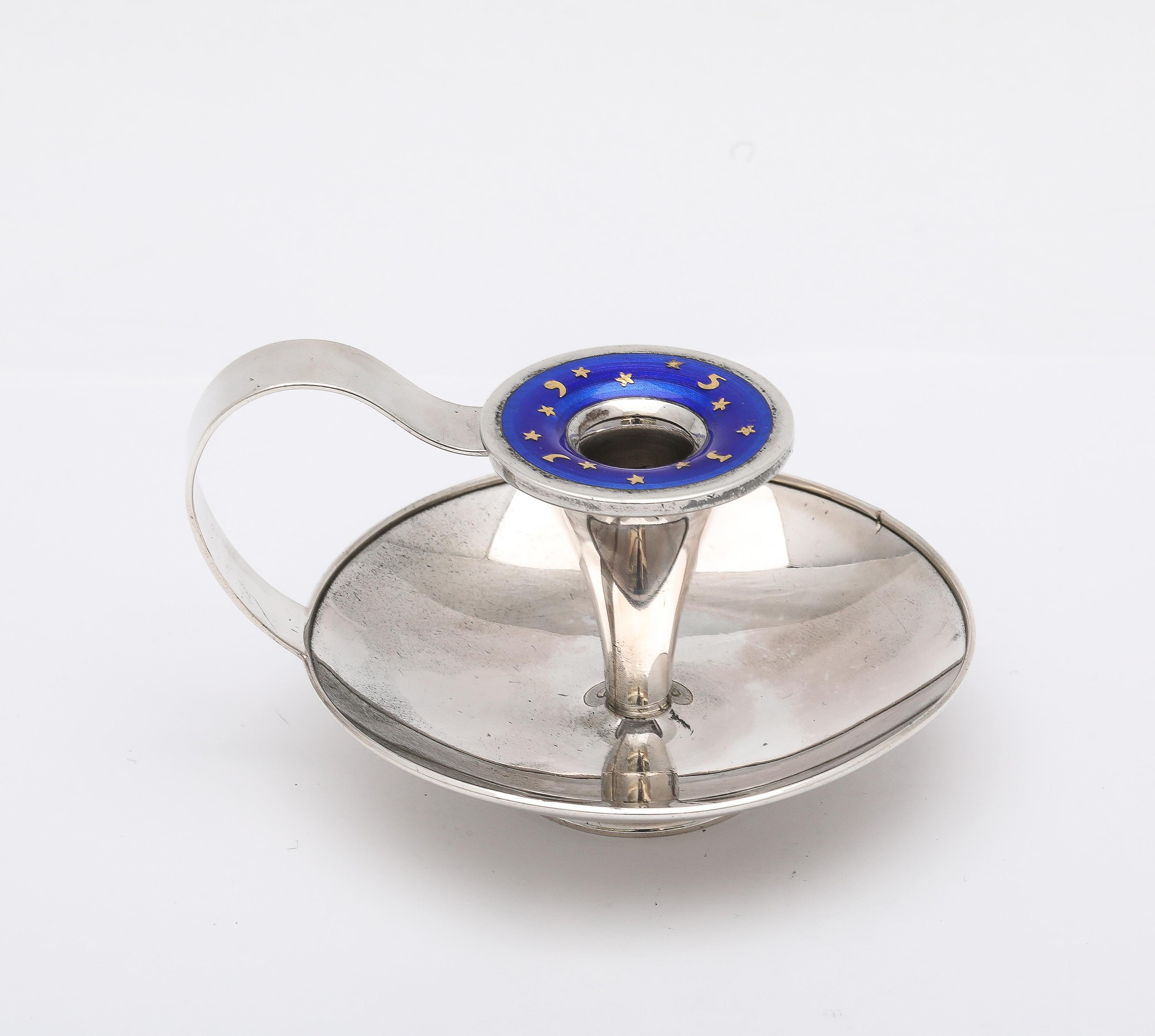 Danish Mid-Century Modern Unusual Sterling Silver and Blue Enamel Chanberstick-Dragsted For Sale