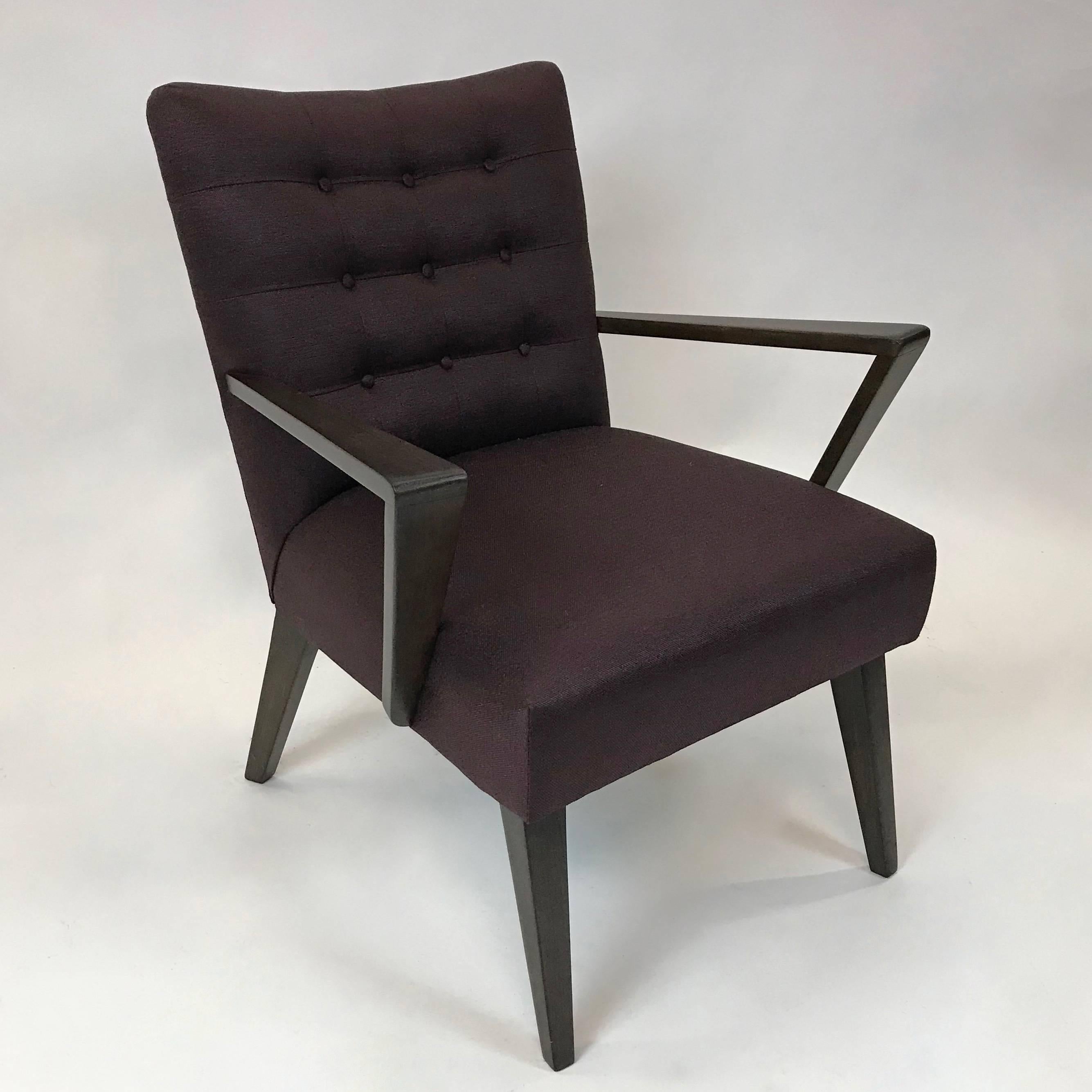Elegant, Mid-Century Modern, armchair features a sculptural ebonized maple frame with aubergine cotton linen blend upholstery.