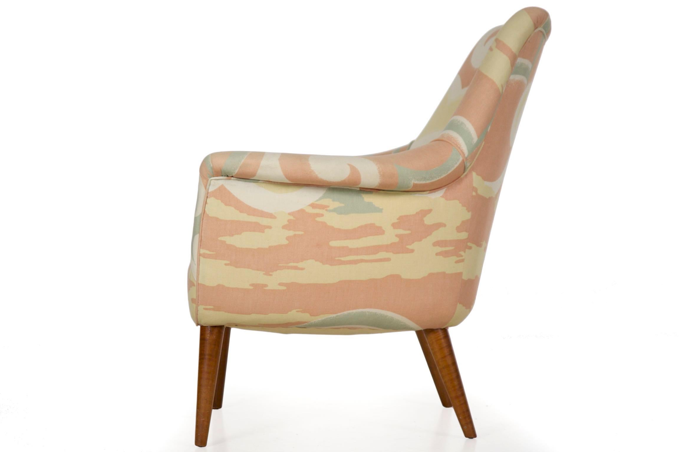 Fabric Mid-Century Modern Upholstered Armchair with Splayed Maple Legs, circa 1960s