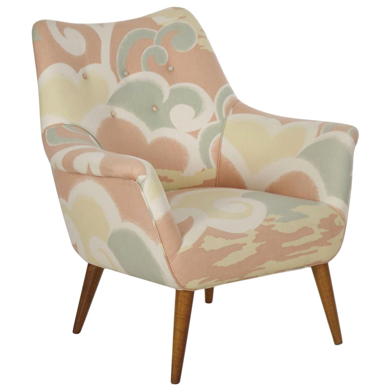 Mid-Century Modern Upholstered Armchair with Splayed Maple Legs, circa 1960s