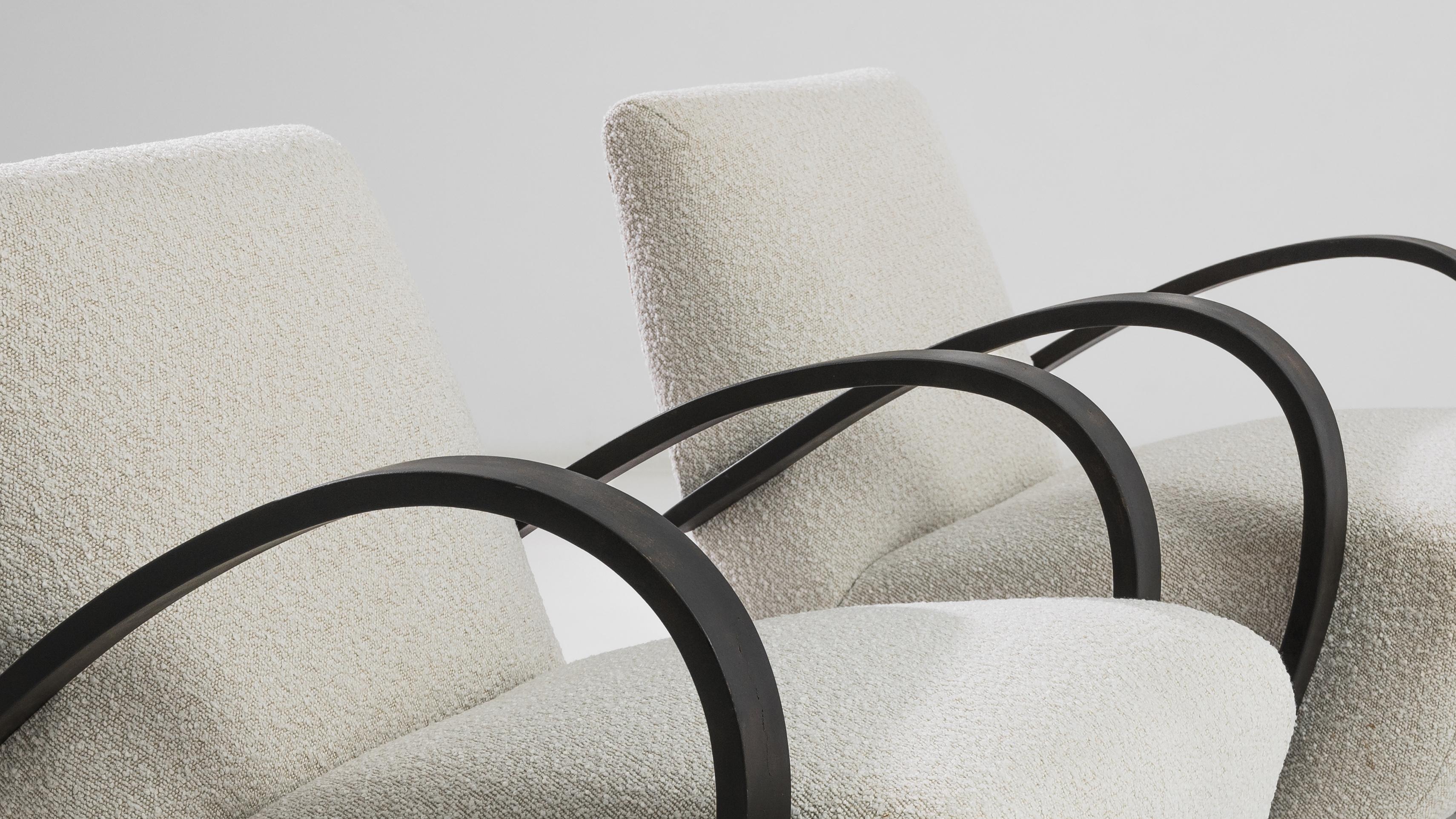 Bouclé Mid-Century Modern Upholstered Armchairs by J. Halabala, a Pair
