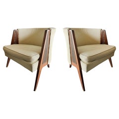 Mid-century Modern Upholstered Cane Chairs, Harvey Probber Style, A Pair