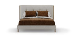 Mid-Century Modern Upholstered Cascade Bed with Beige Fabric