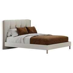 Mid-Century Modern Upholstered Cascade Bed with Beige Fabric