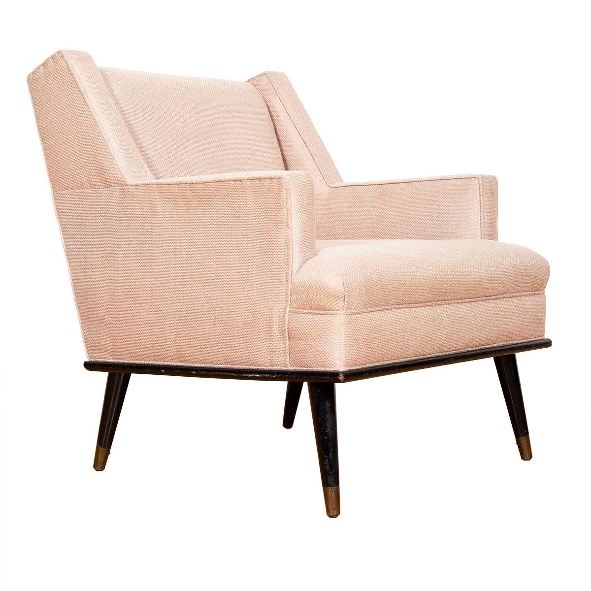 Gorgeous transitional club chair with mid century flair by Mil Baughman.
Fully upholstered chair on black splayed legs.
