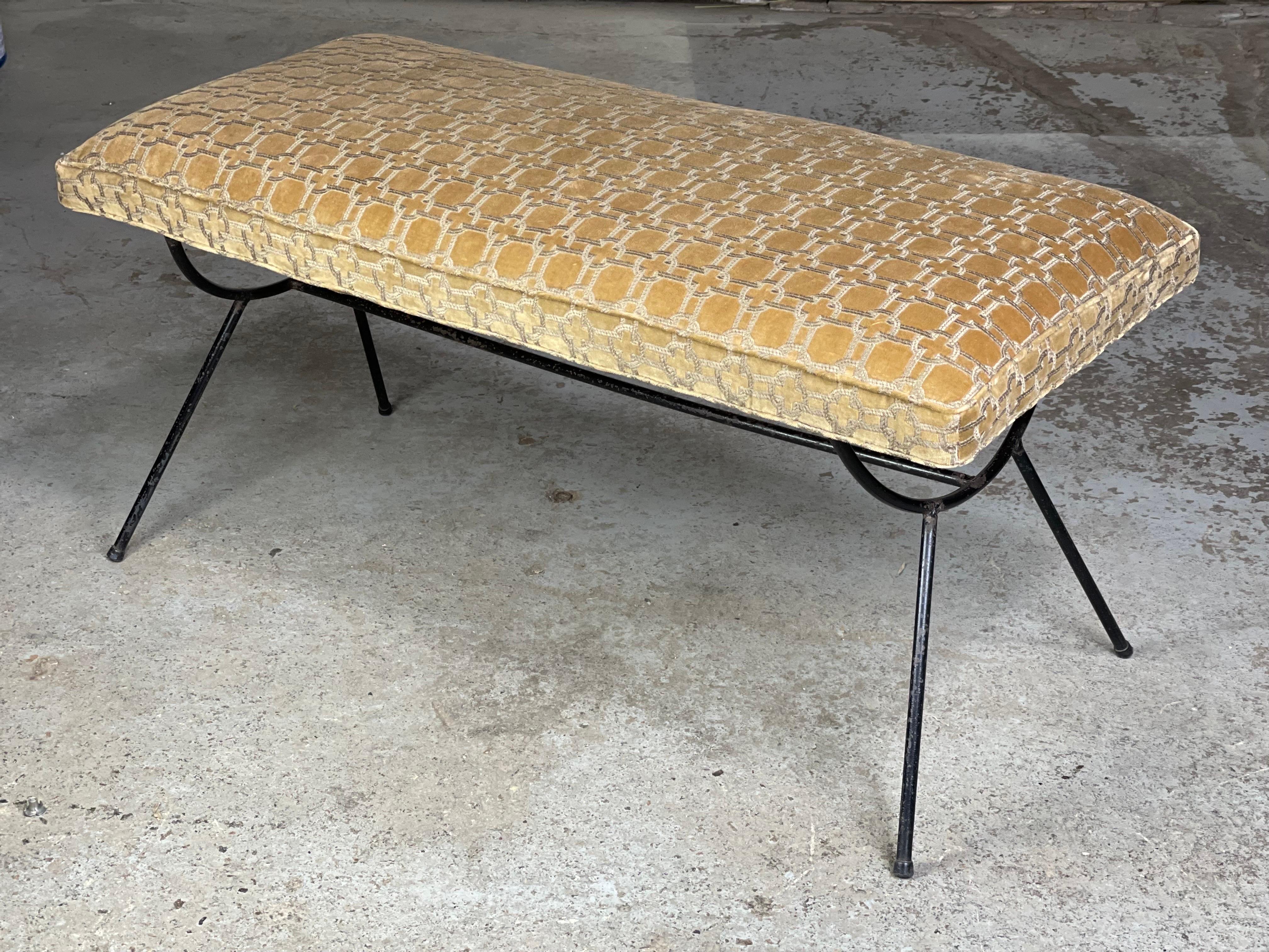 Lovely upholstered 1950's bench by Frank & Sons of Iron, wood & fabric. The iron legs are original - I can repaint the frame if you wish (no charge) just ask...
The fabric is very nice - thick and soft with monochromatic colors and print scheme.