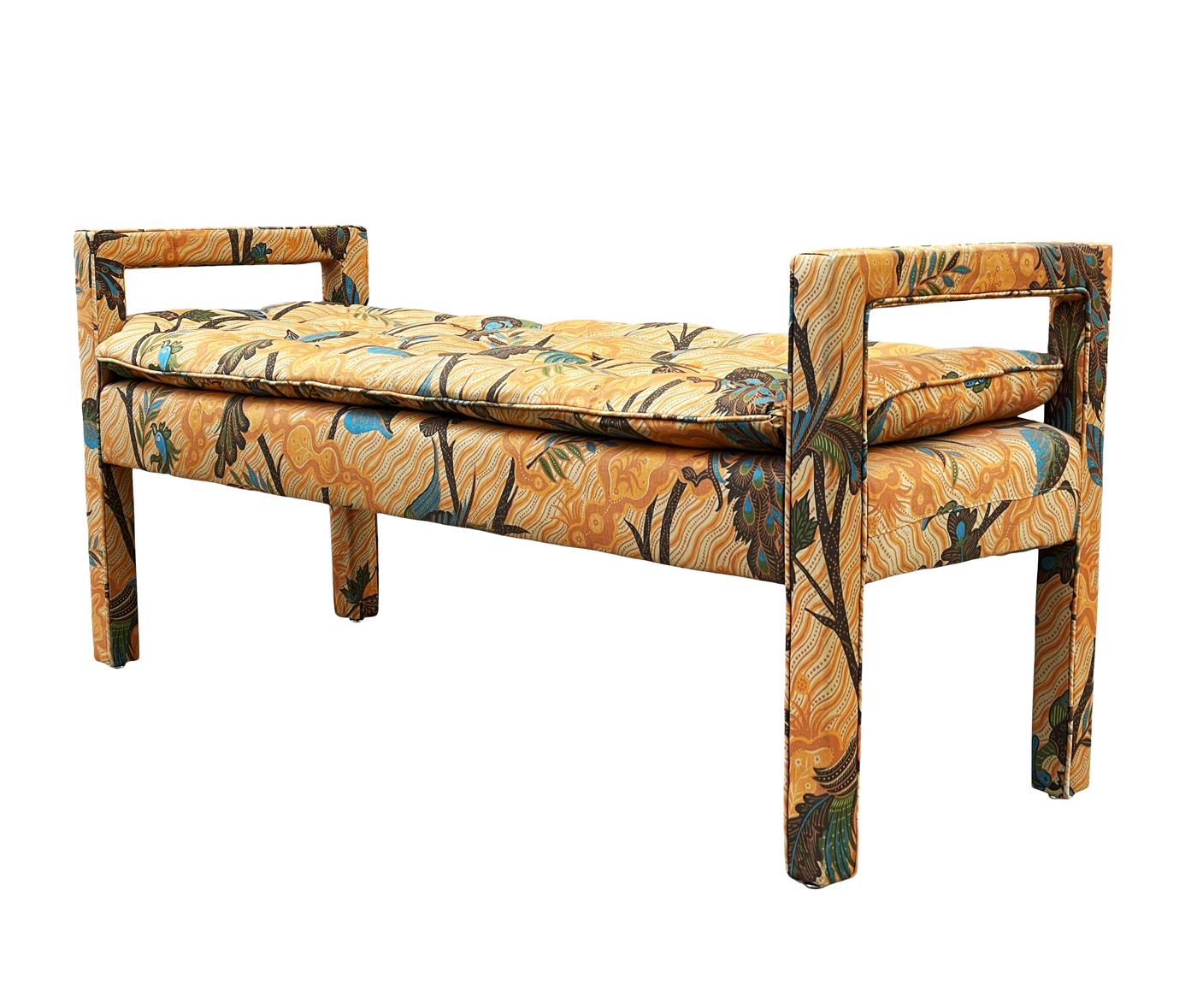 A vintage classic with transitional design lines circa 1970's. This bench features quality vintage construction and still retains it's original fabric. Remarkably clean and ready for use, but could be easily updated with new fabric.