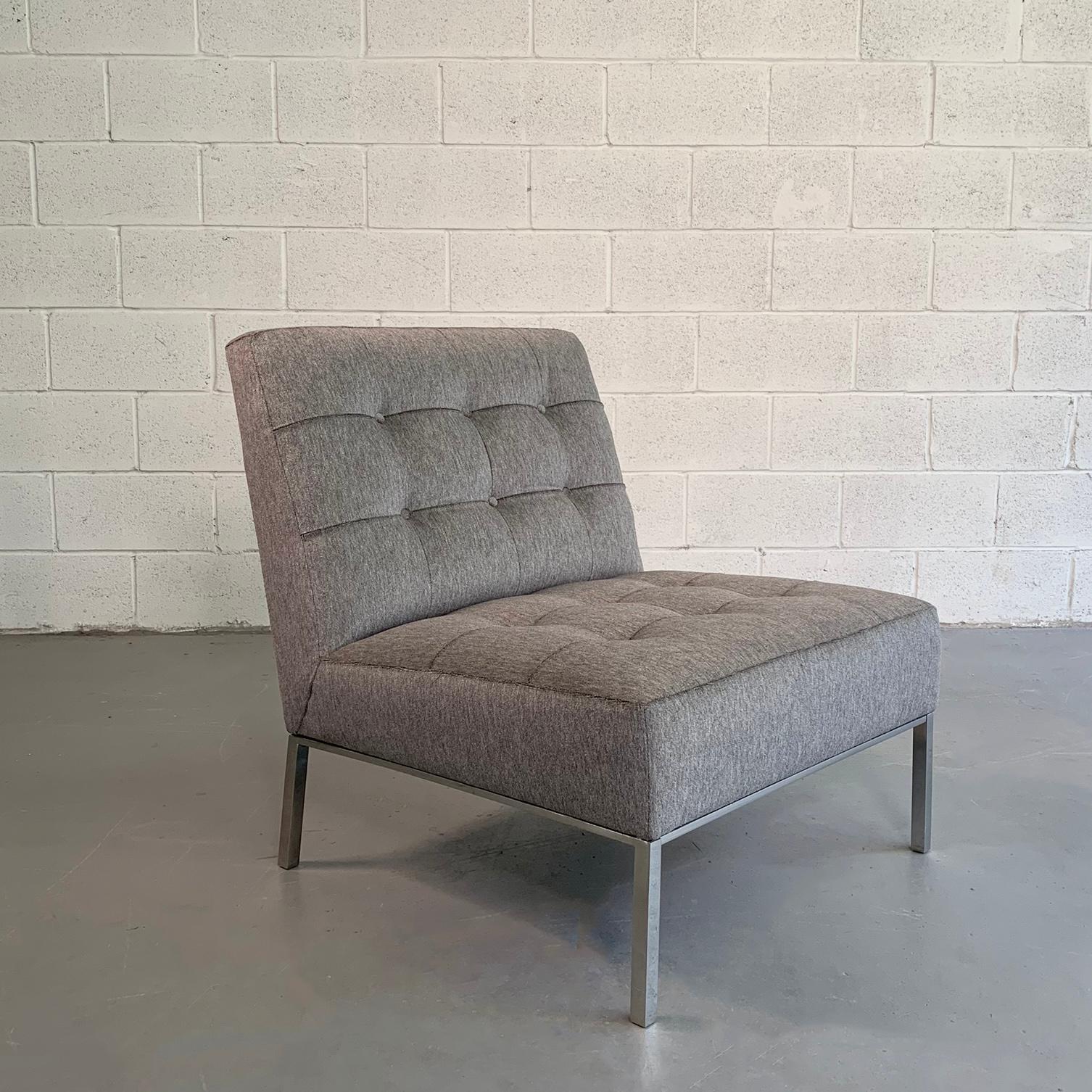 Mid-Century Modern, slipper, lounge chair by Florence Knoll features a chrome base with new upholstery in medium gray mohair.