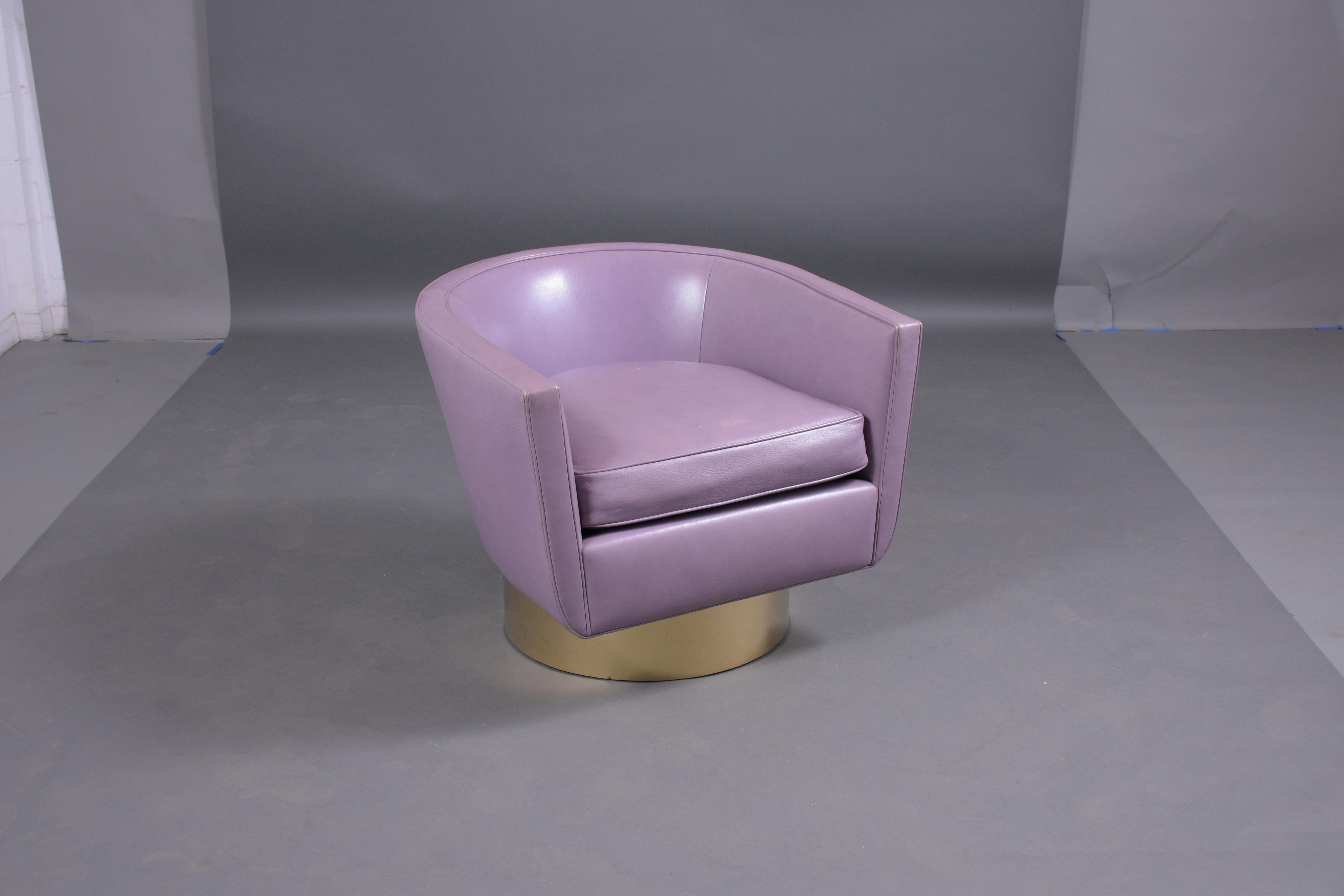 American Restored Mid-Century Brass Swivel Chair in Violet Leather - Modern Elegance For Sale
