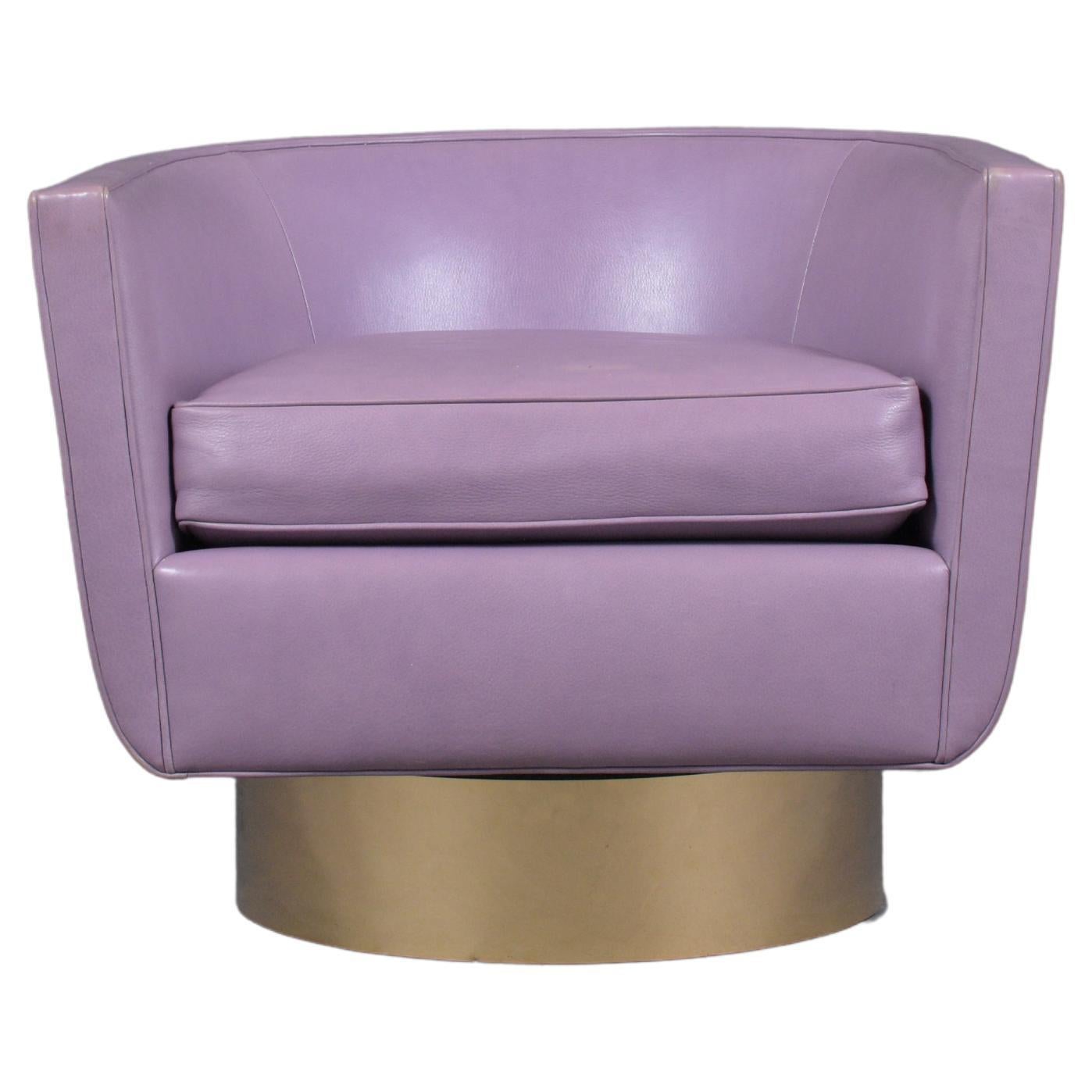 Restored Mid-Century Brass Swivel Chair in Violet Leather - Modern Elegance For Sale
