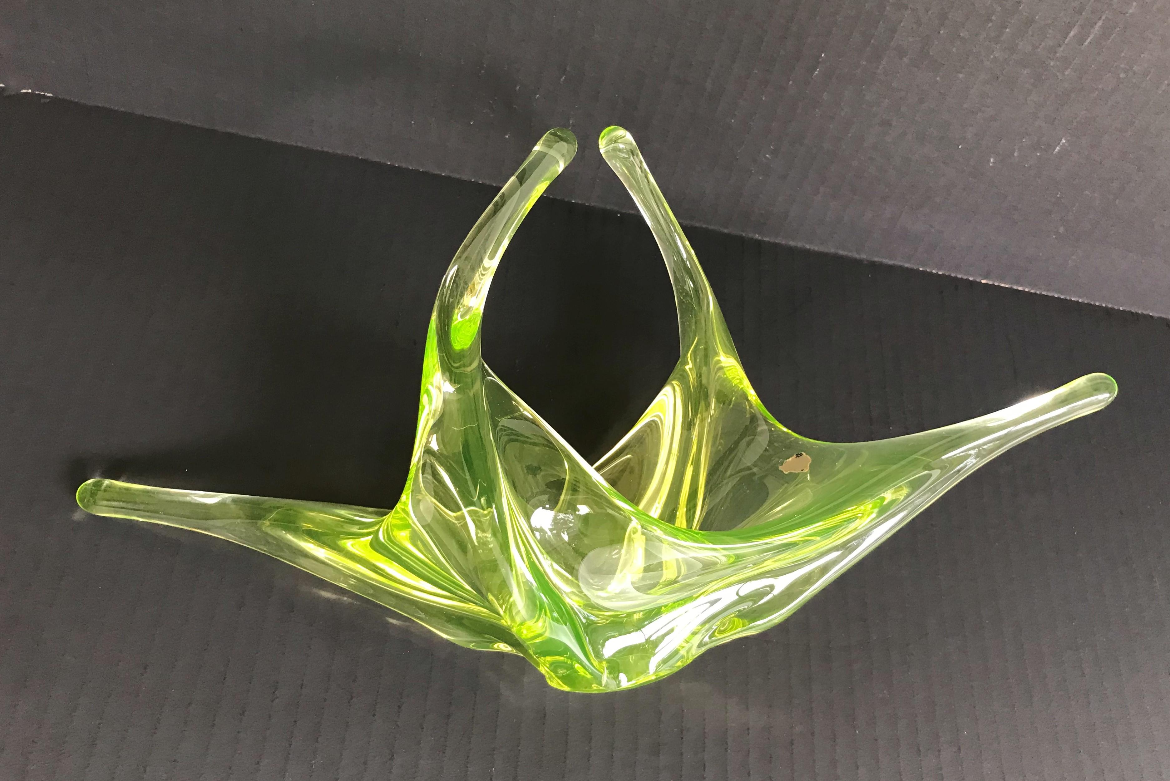 Crystal Mid-Century Modern Val St Lambert Asymmetrical Uranium Glass Bowl, Belgium 1950s For Sale