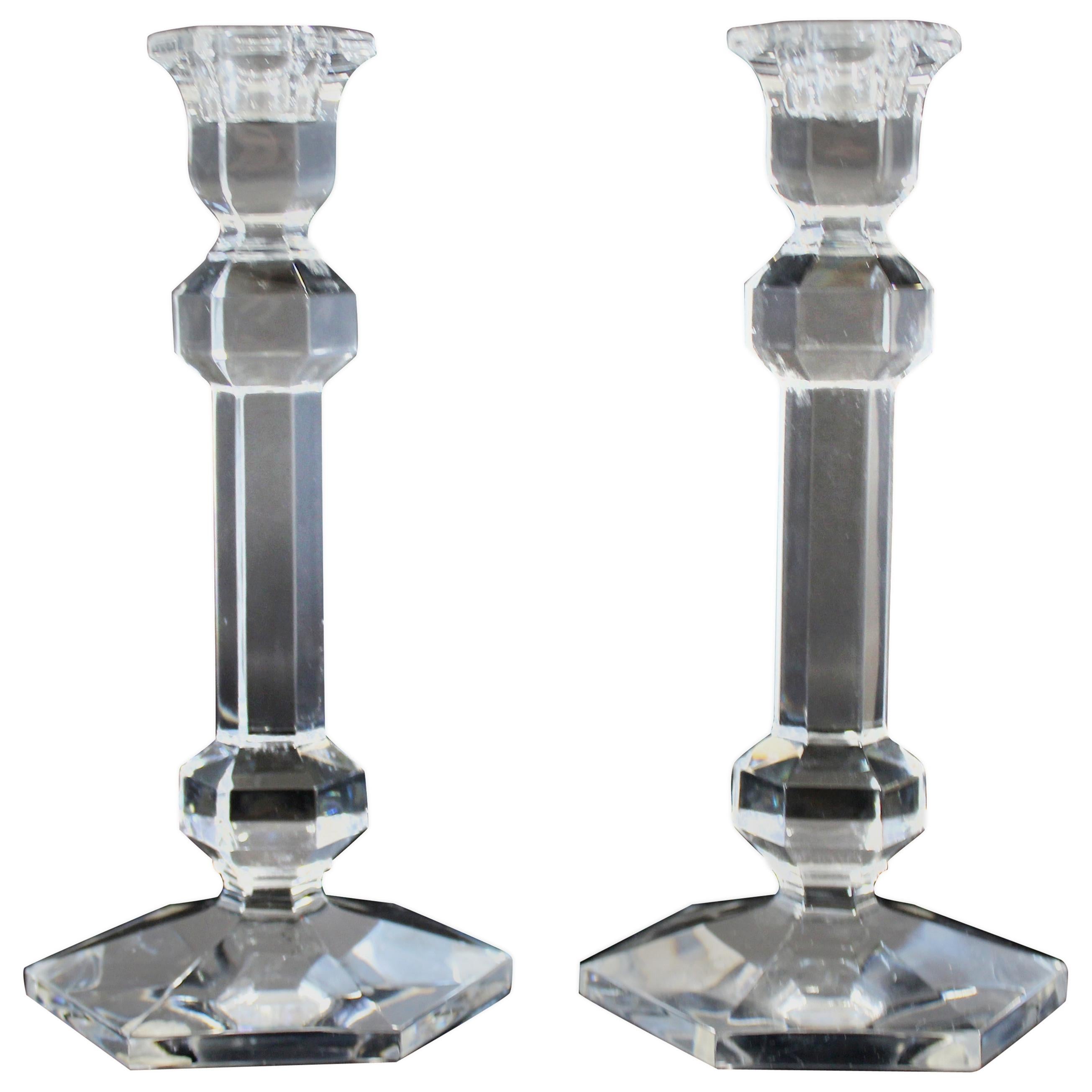 Mid-Century Modern Val St. Lambert Pair of Crystal Glass Belgian Candlesticks