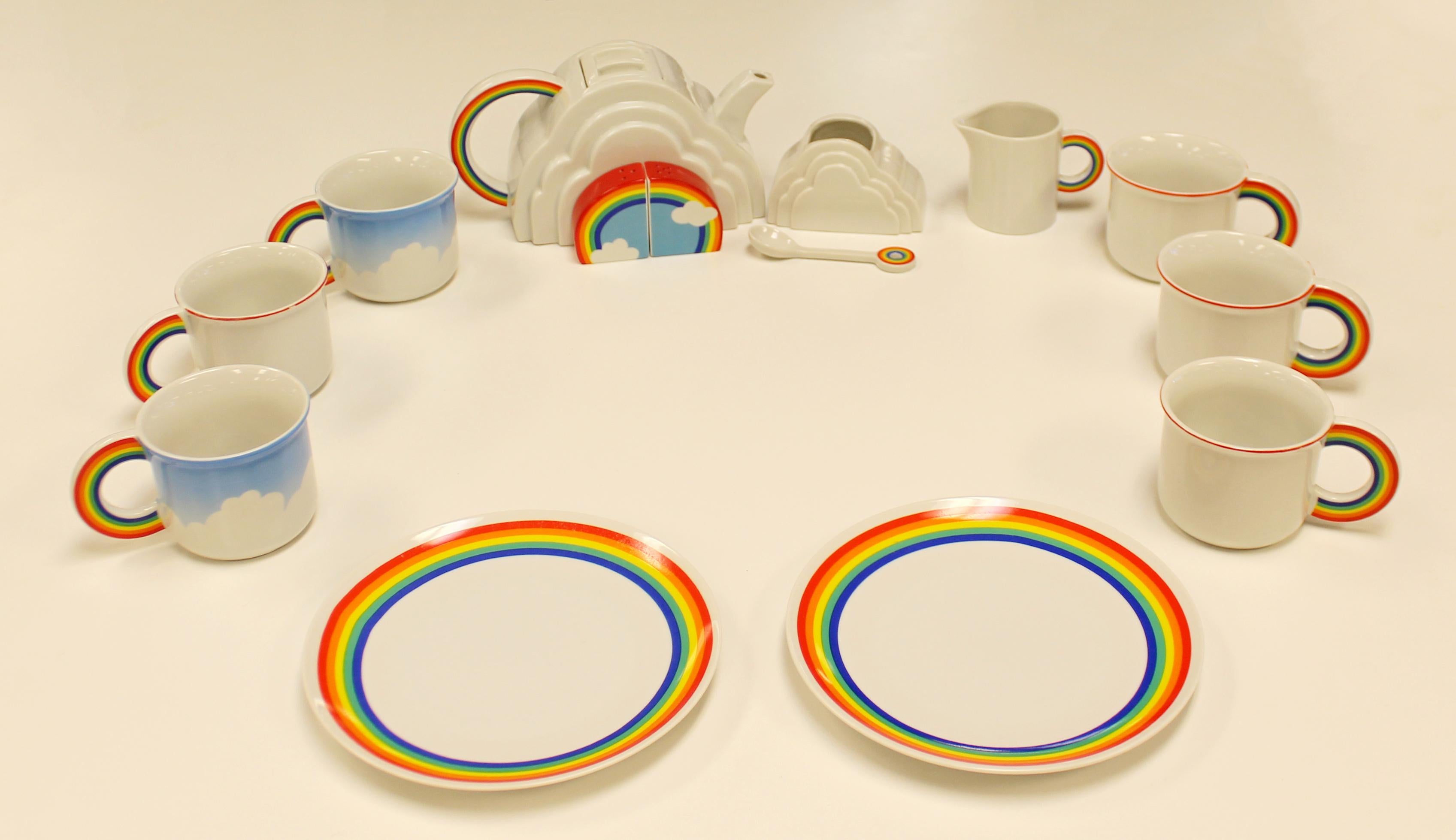 For your consideration is a Vandor Imports, rainbow sky pattern, ceramic tea/coffee service set, made in Japan, circa 1960s. Set includes six mugs, two plates, a sugar bowl with spoon, a creamer and a tea pot. In excellent condition. The dimensions