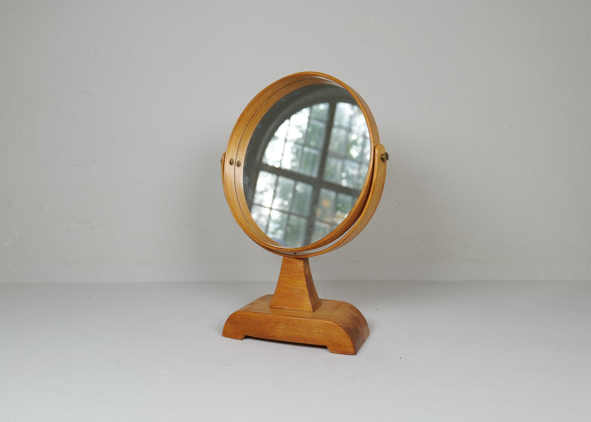 Brass Mid-Century Modern Vanity Solid Pine Table Mirror, Sweden, 1970s