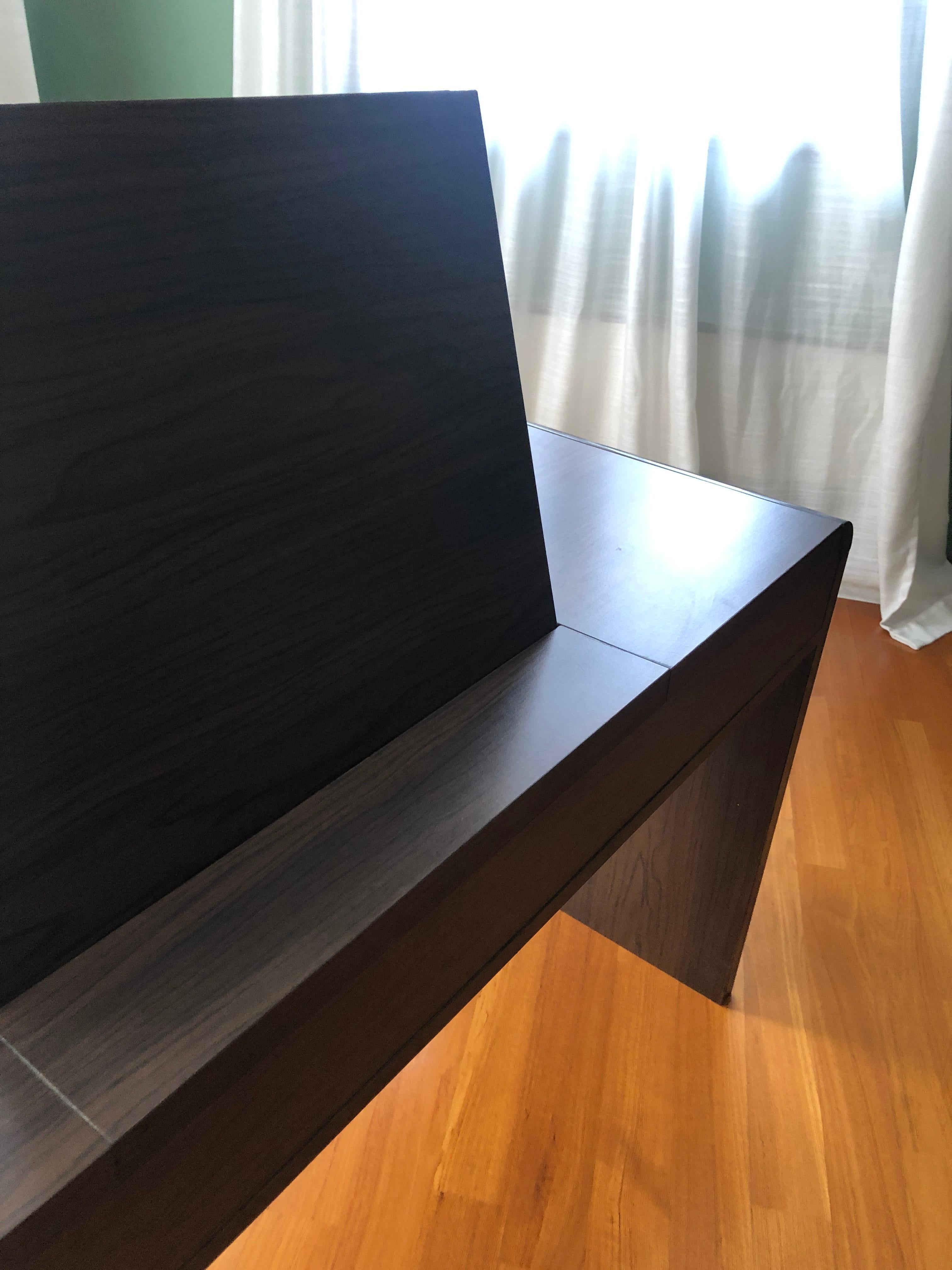 Wood Mid-Century Modern Vanity Table in Dark Brown Veneer, Hidden Mirror Compartment For Sale