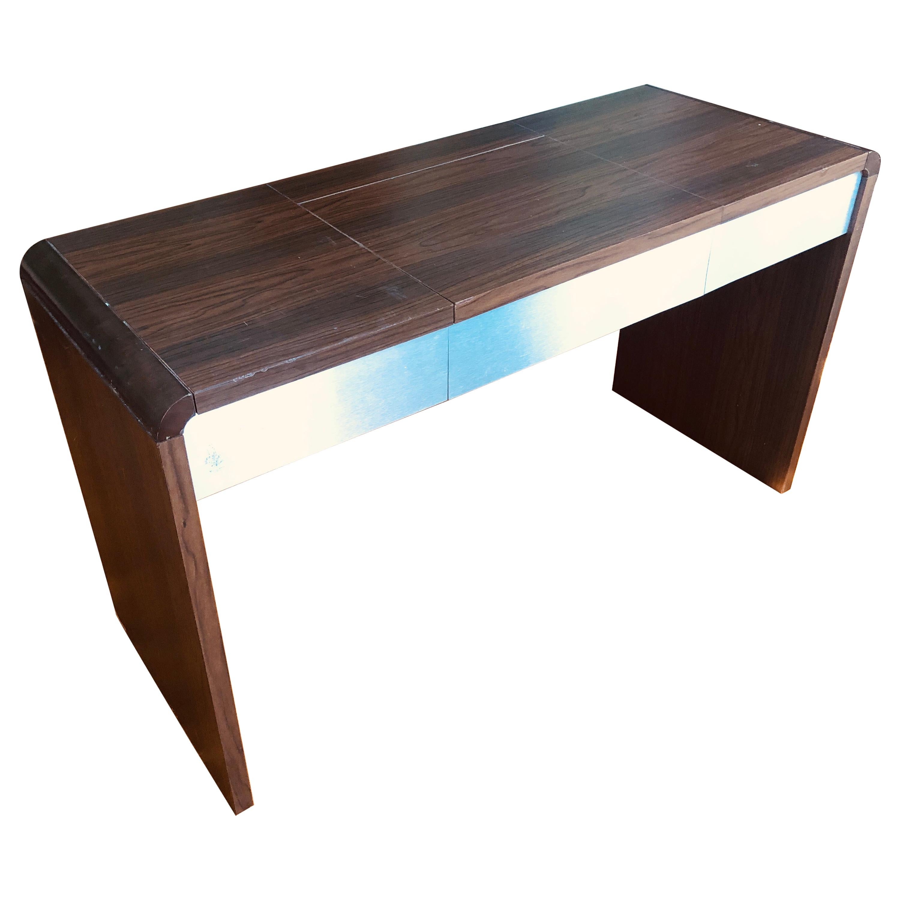 Mid-Century Modern Vanity Table in Dark Brown Veneer, Hidden Mirror Compartment For Sale