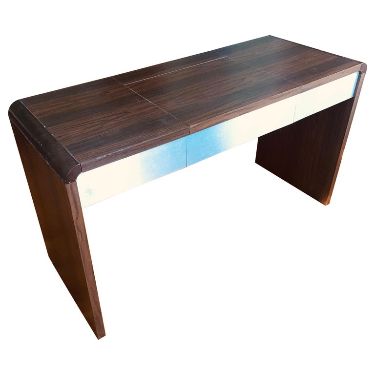 Mid-Century Modern Vanity Table in Dark Brown Veneer, Hidden Mirror