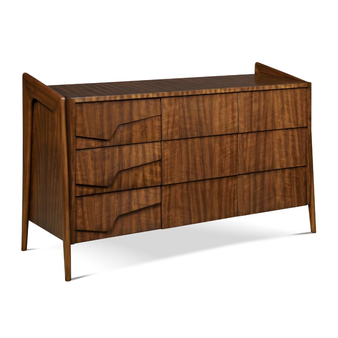 This Mid-Century Modern chest is veneered with koa. With nine spacious drawers, three of them have a decorative application with a geometric design. The legs Stand out from the chest to add to its distinctive design.
 