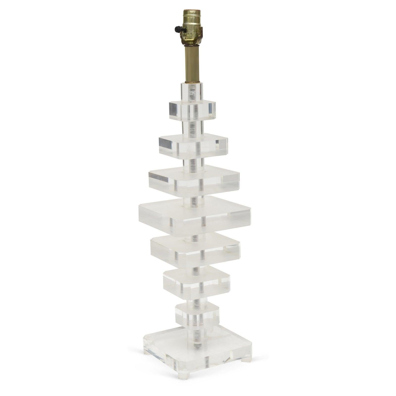 Mid-Century Modern Lucite lamp with variegated tiered squares on a square footed Lucite base. 
US wired and in working condition takes a standard or LED bulb. 
No shade, No harp.

L-585-335