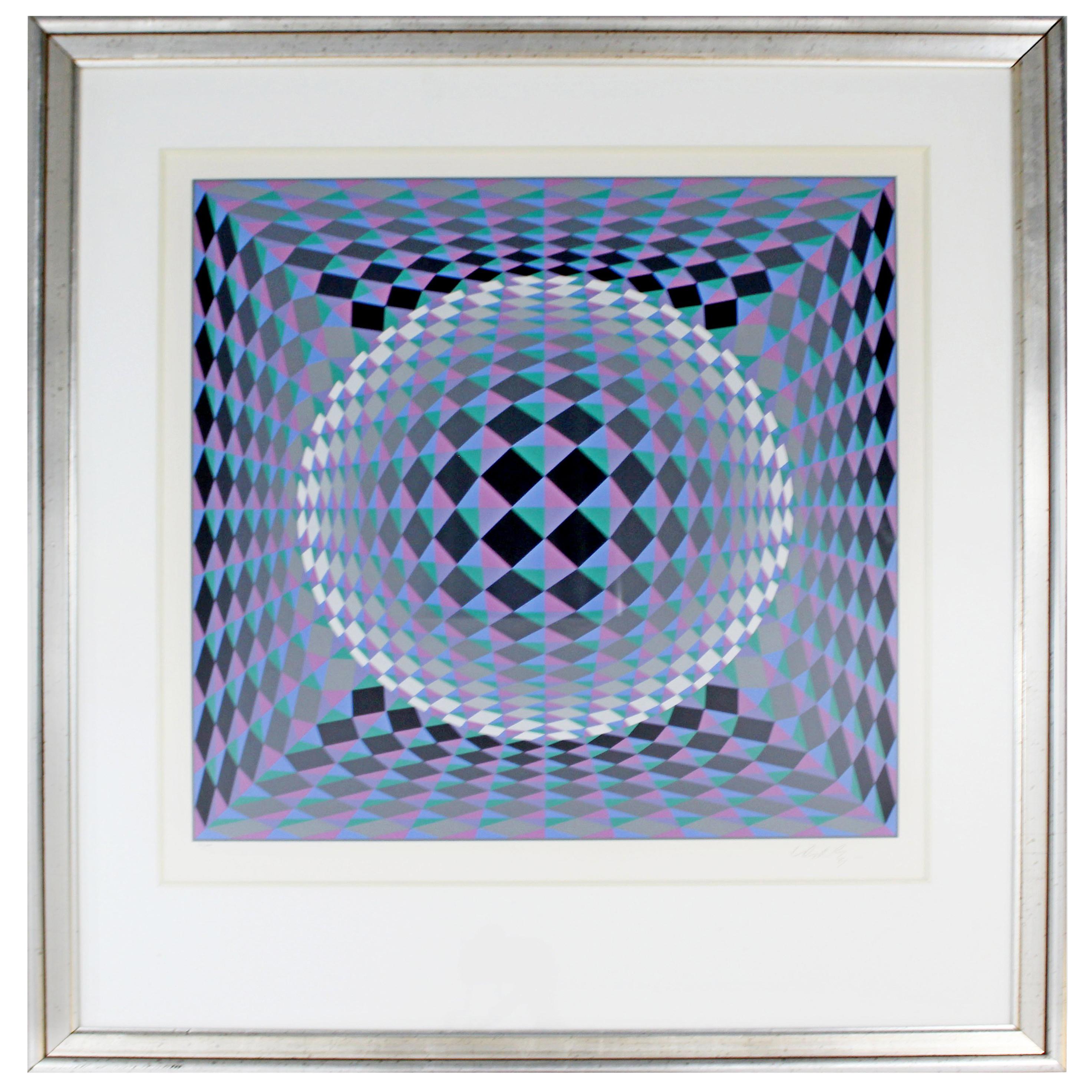 Mid-Century Modern Vasarely Framed Geometric Circle Pop Op Art Serigraph Signed