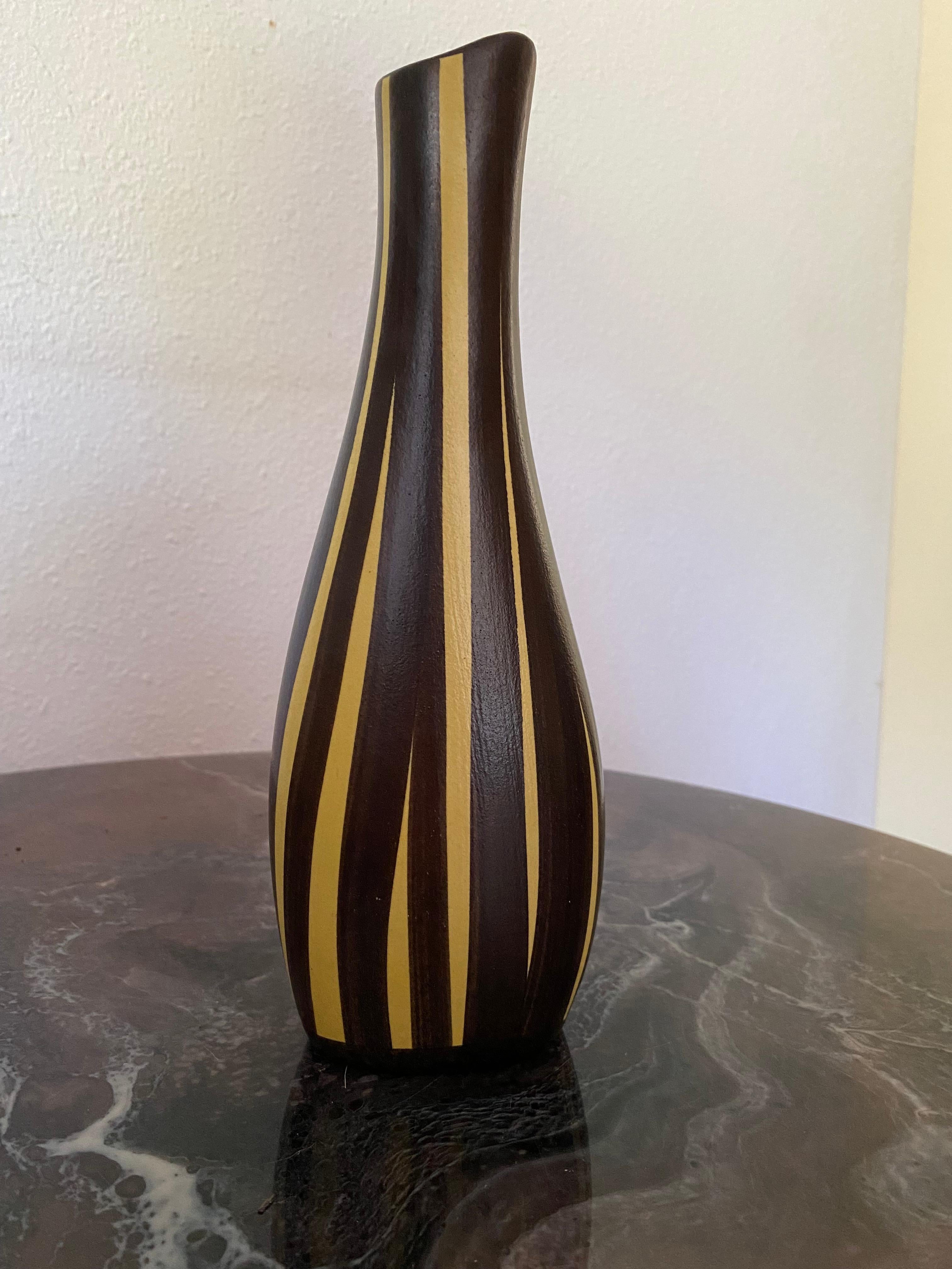 Just a beautiful stylish vase in matte brown with yellow stripes from the sixties