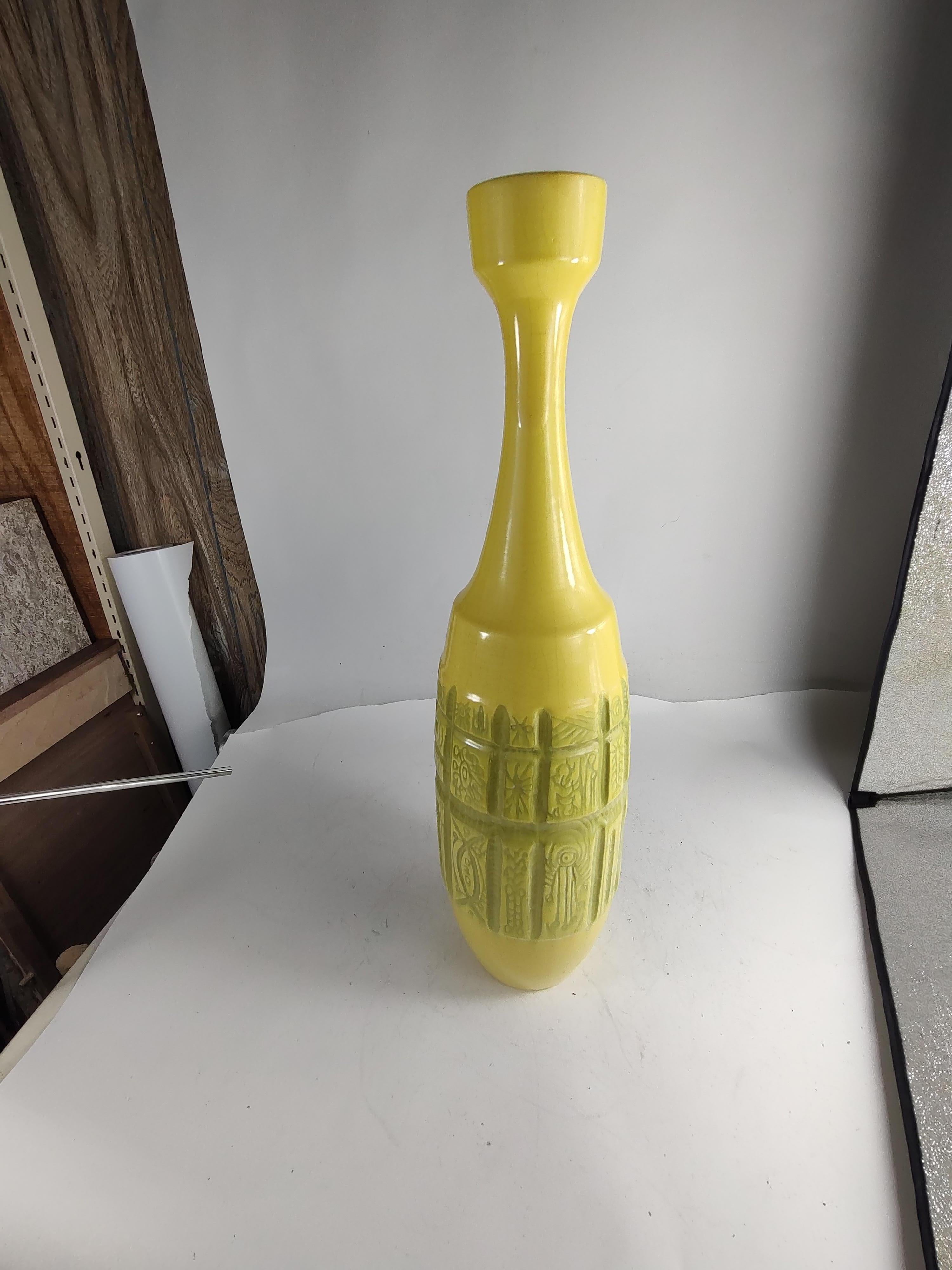 Cast Mid Century Modern Vase in Pale Yellow w Multiple Modern & Archaic Impressions  For Sale