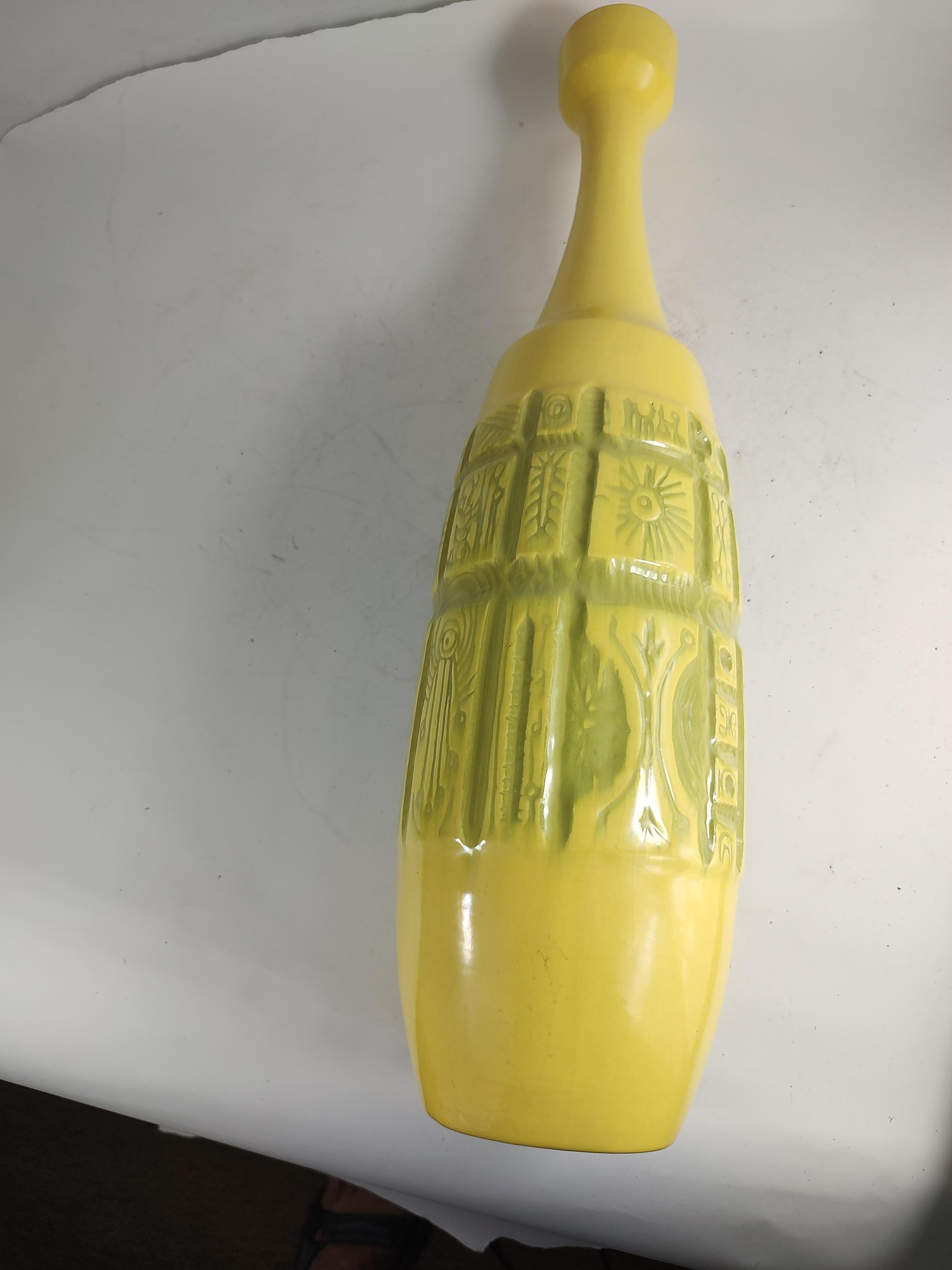 Clay Mid Century Modern Vase in Pale Yellow w Multiple Modern & Archaic Impressions  For Sale