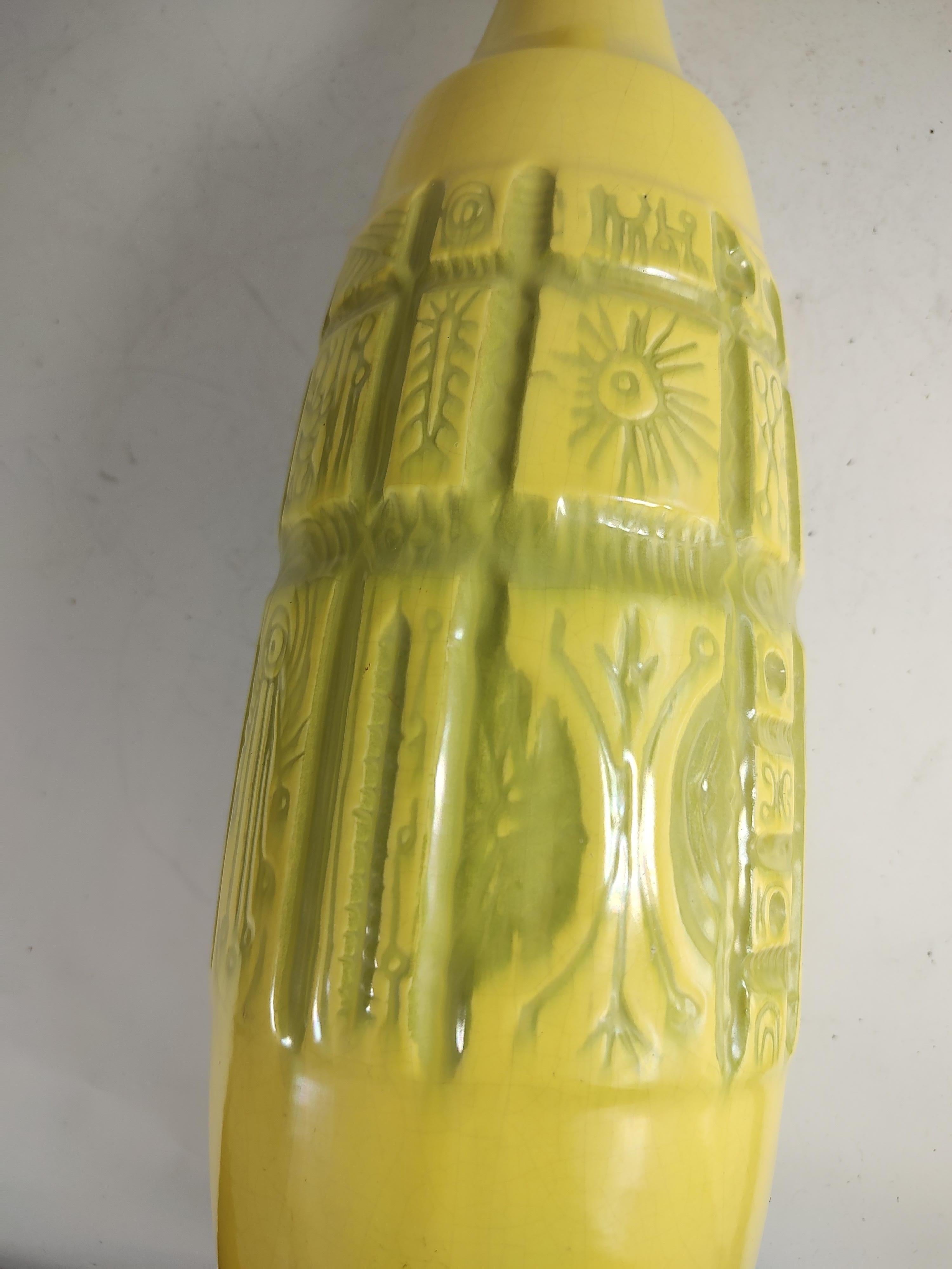Mid Century Modern Vase in Pale Yellow w Multiple Modern & Archaic Impressions  For Sale 1