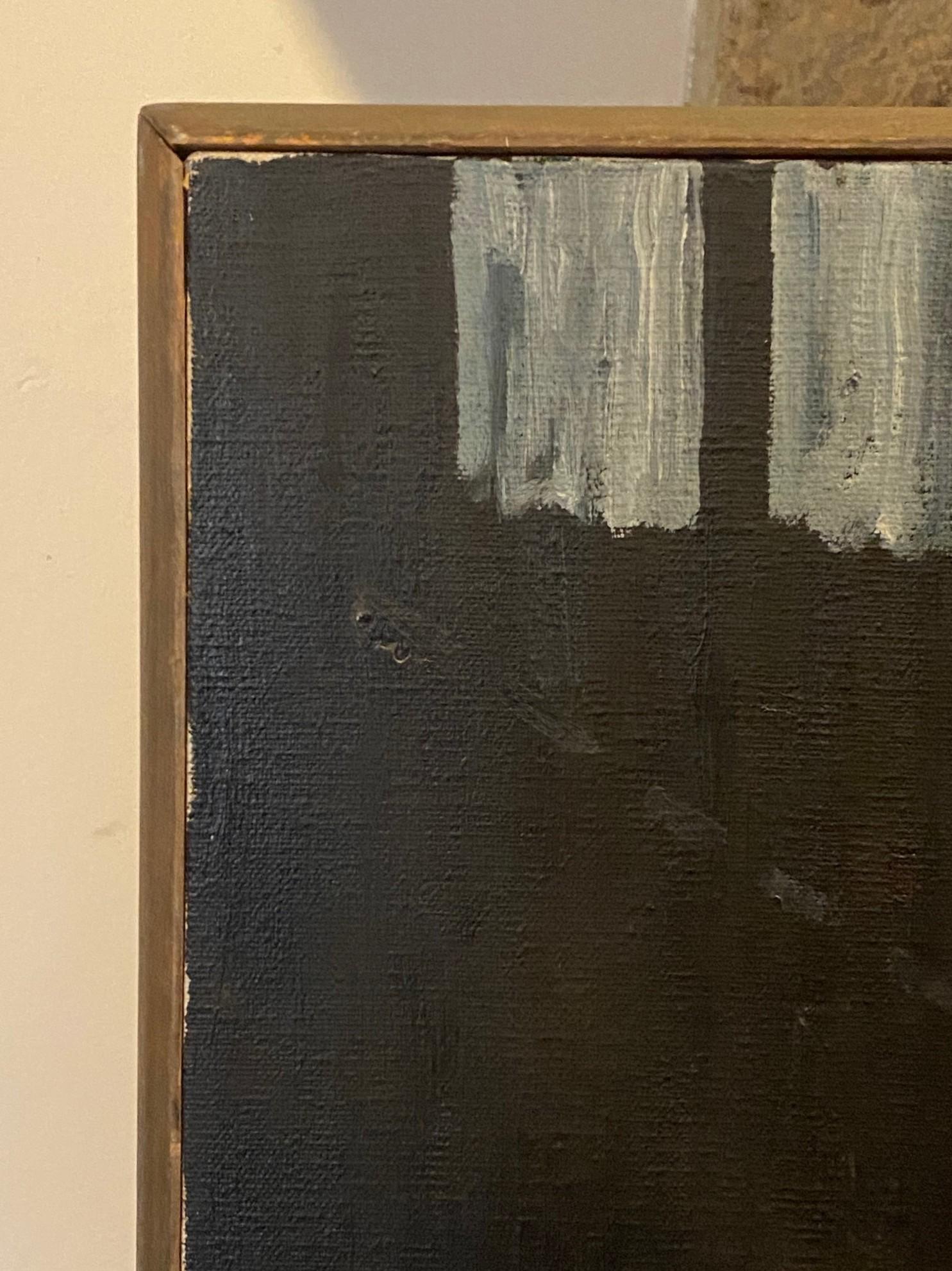 Peinture à l'huile moderne du milieu du siècle dernier signée Vastano, garçon avec son chien dans une ville sombre en vente 2